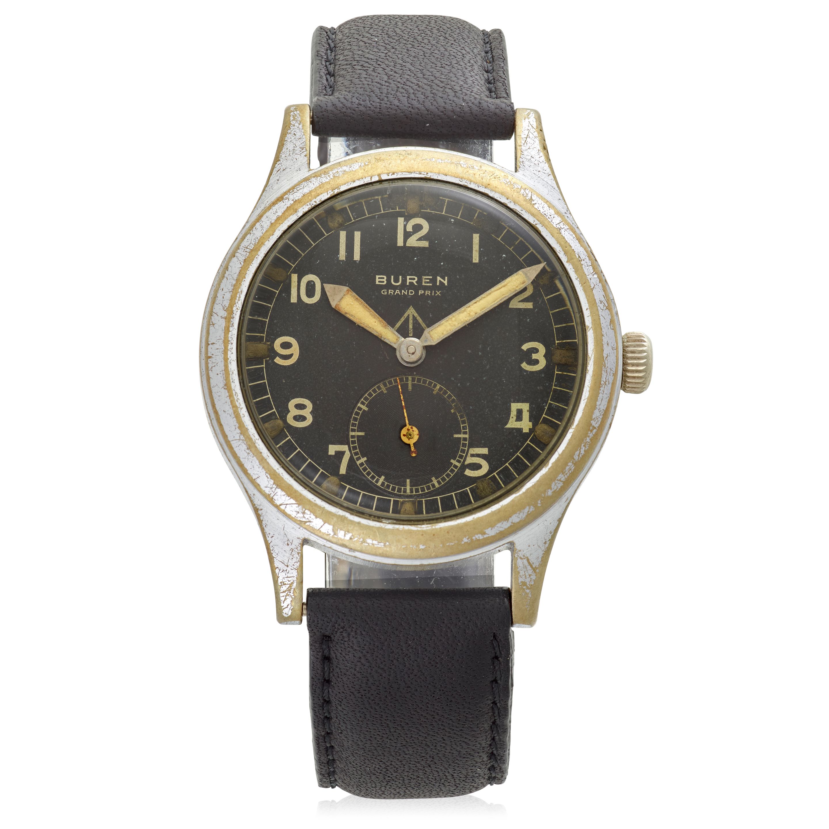 BUREN. A CHROME PLATED AND STAINLESS STEEL MANUAL WIND BRITISH MILITARY ISSUE WRISTWATCH Grand Prix, 1940's