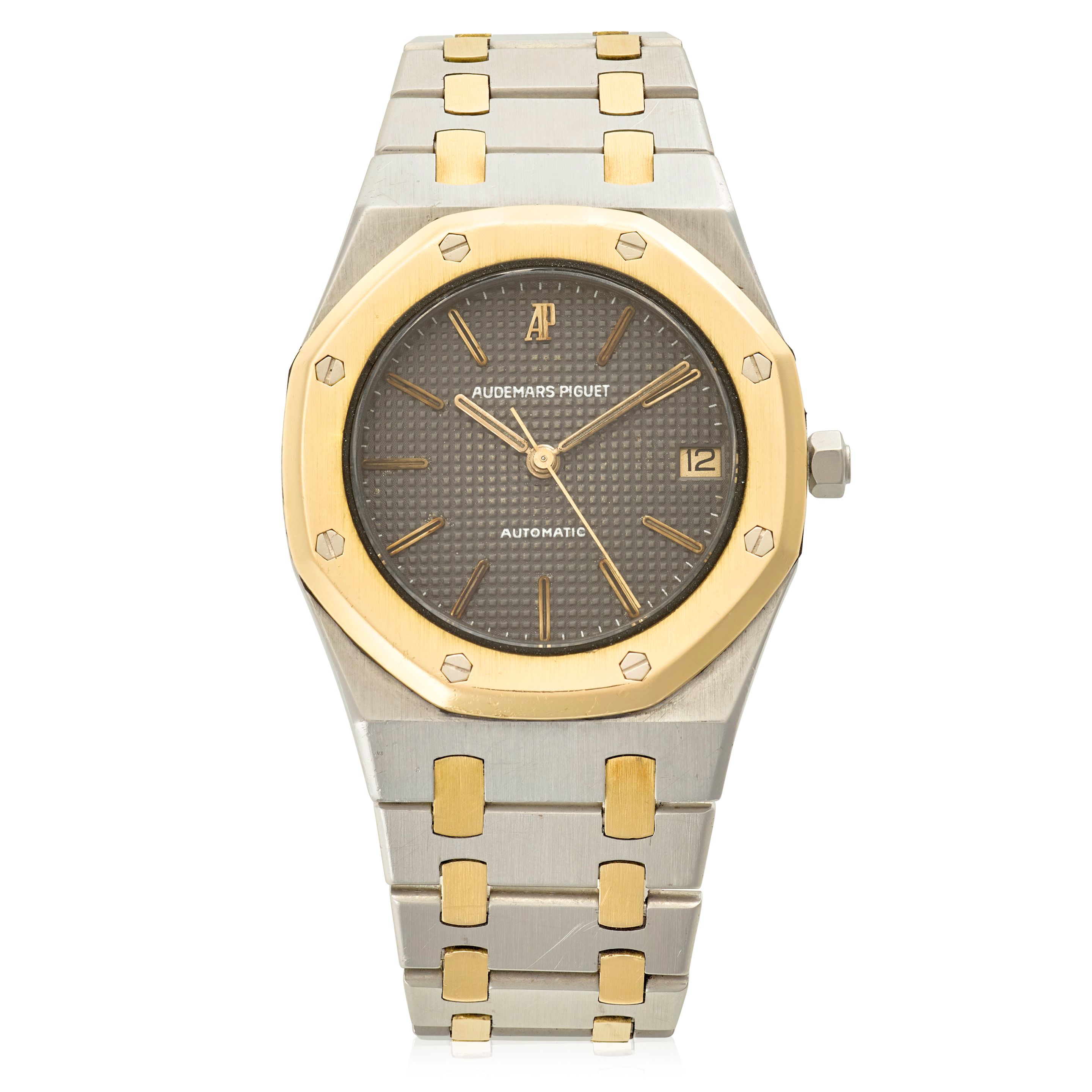AUDEMARS PIGUET. A STAINLESS STEEL AND GOLD AUTOMATIC CALENDAR BRACELET WATCH Royal Oak, Ref: 4100SA, c.1980s