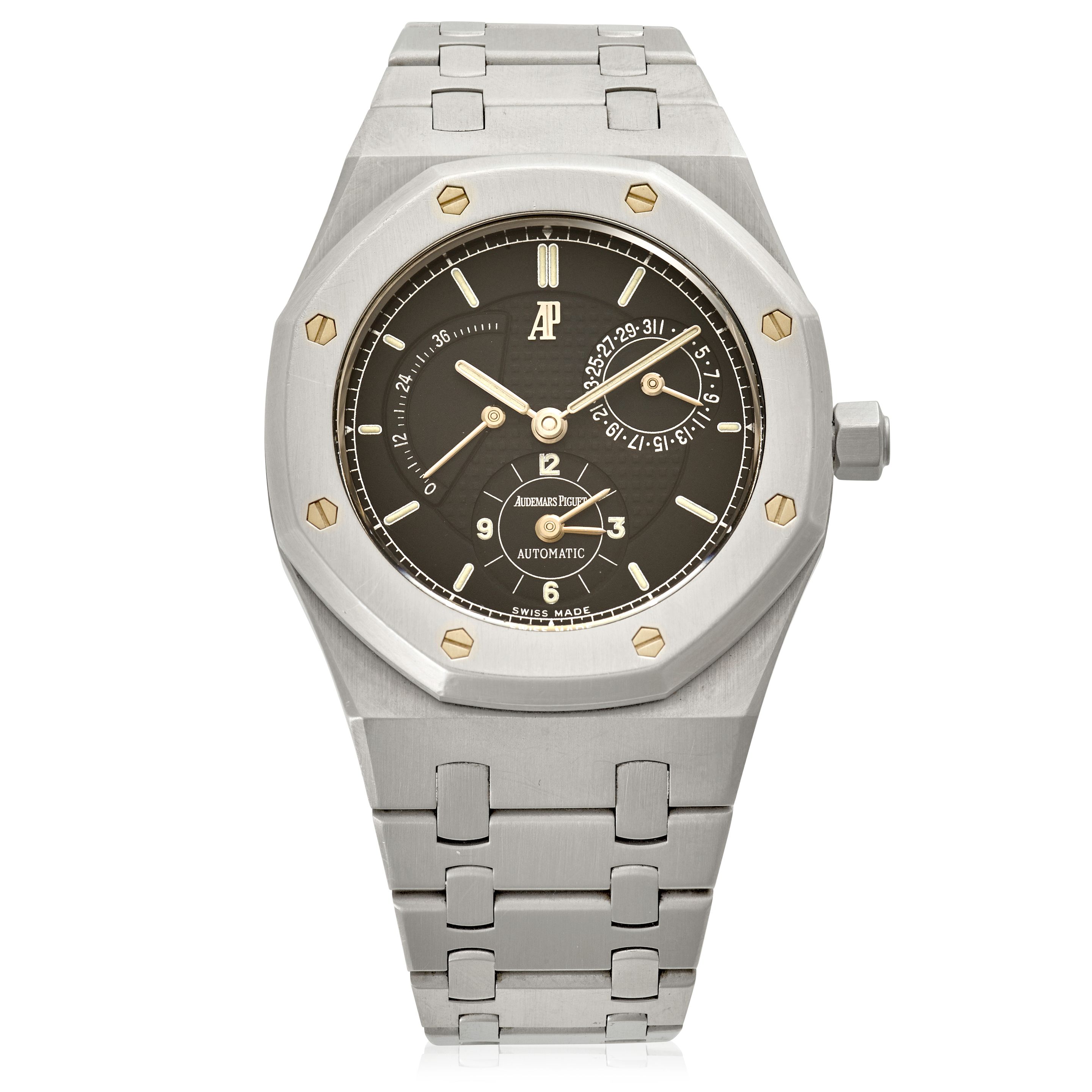 AUDEMARS PIGUET. A STAINLESS-STEEL AUTOMATIC DUAL-TIME CALENDAR WRISTWATCH WITH POWER RESERVE INDICATION Royal Oak, Ref: 25730ST,