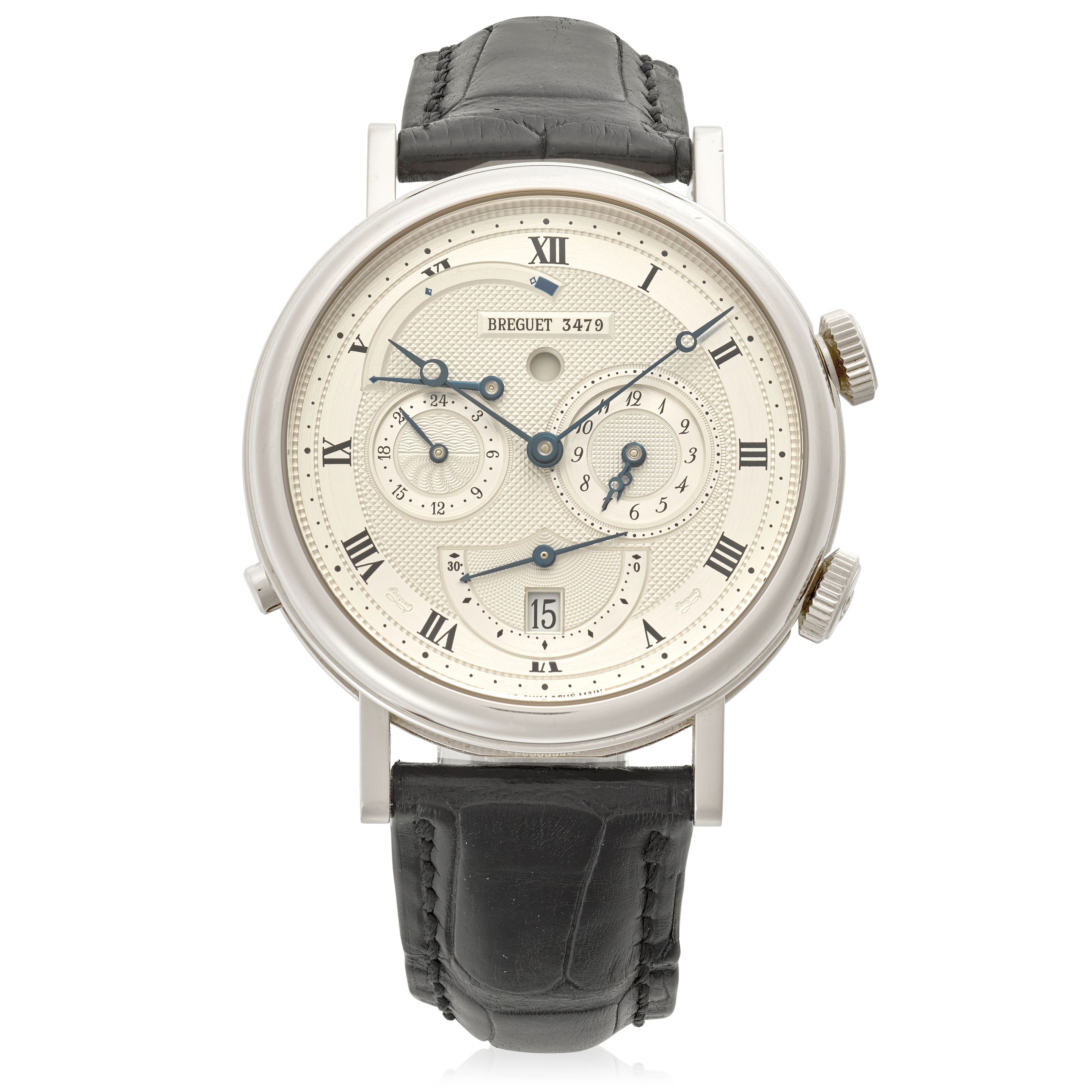 BREGUET. A FINE 18K WHITE GOLD AUTOMATIC DUAL TIME CALENDAR ALARM WRISTWATCH WITH POWER RESERVE Réveil du Tsar Classique, Ref: 5707, c.2000s