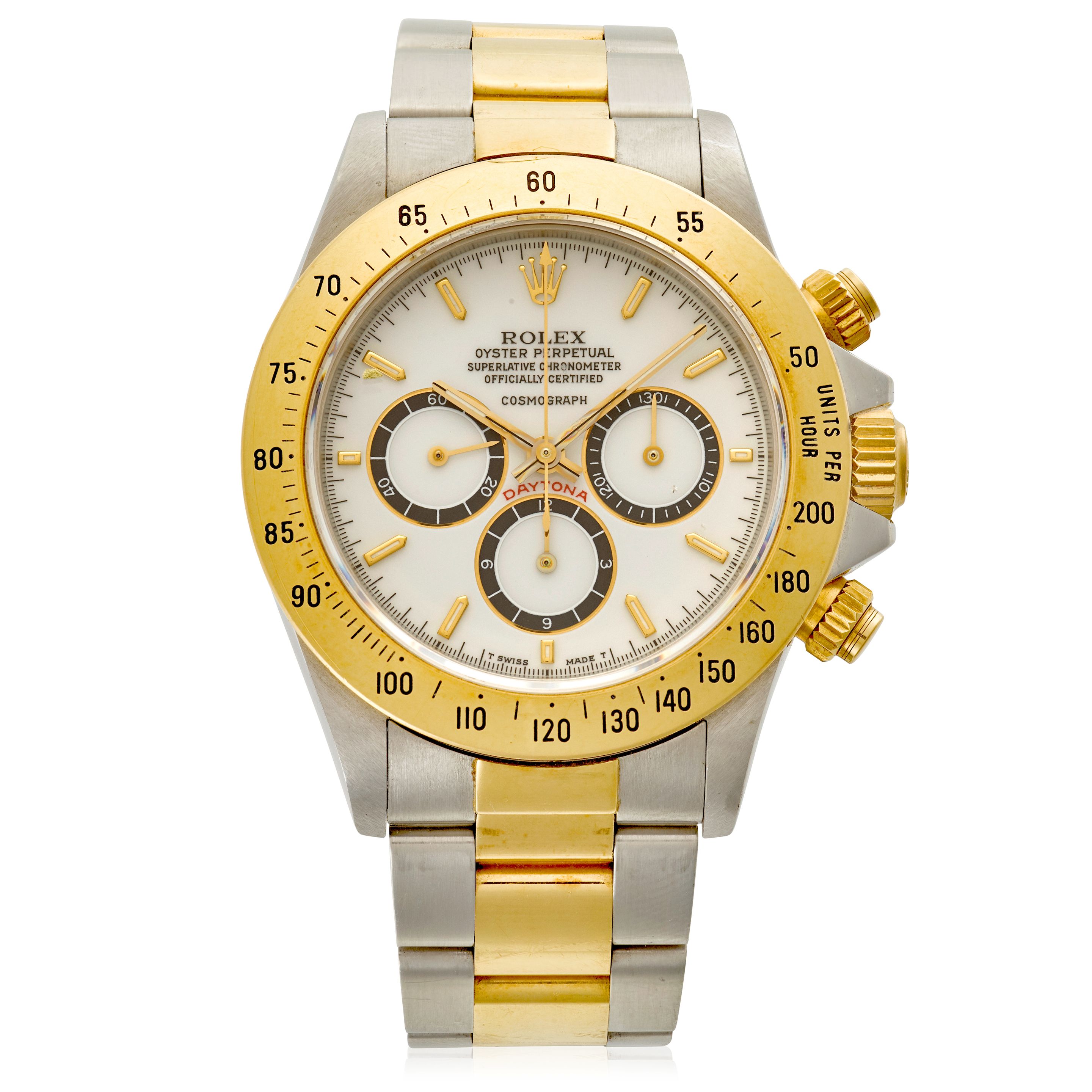 ROLEX. A RARE 18K GOLD AND STAINLESS-STEEL AUTOMATIC CHRONOGRAPH BRACELET WATCH WITH 'PORCELAIN FLOATING DIAL' AND ZENITH MOVEMENT Daytona, Ref: 16523, c.1988