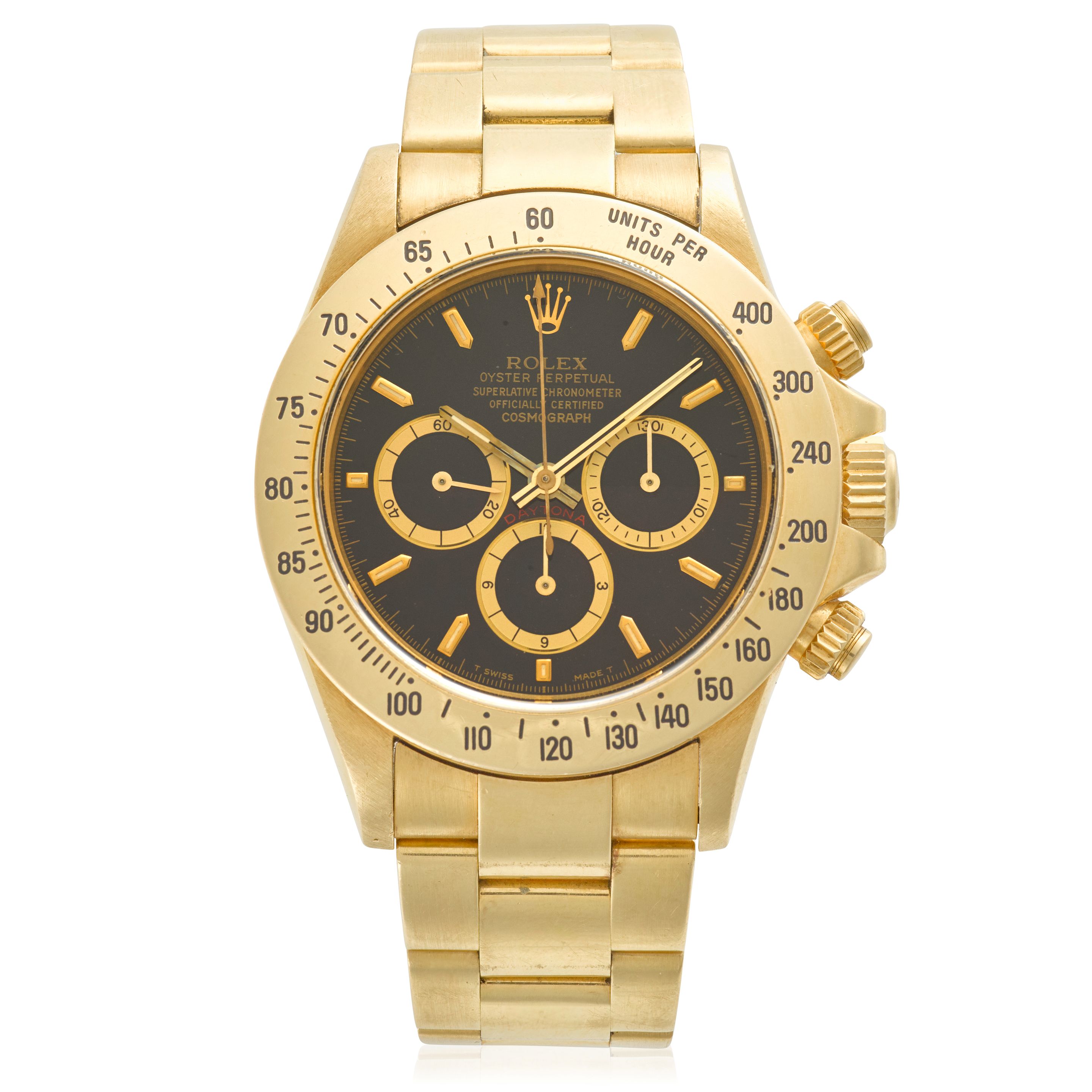 ROLEX. AN 18K GOLD AUTOMATIC CHRONOGRAPH BRACELET WATCH WITH ZENITH MOVEMENT Daytona, Ref: 16528, c.1990