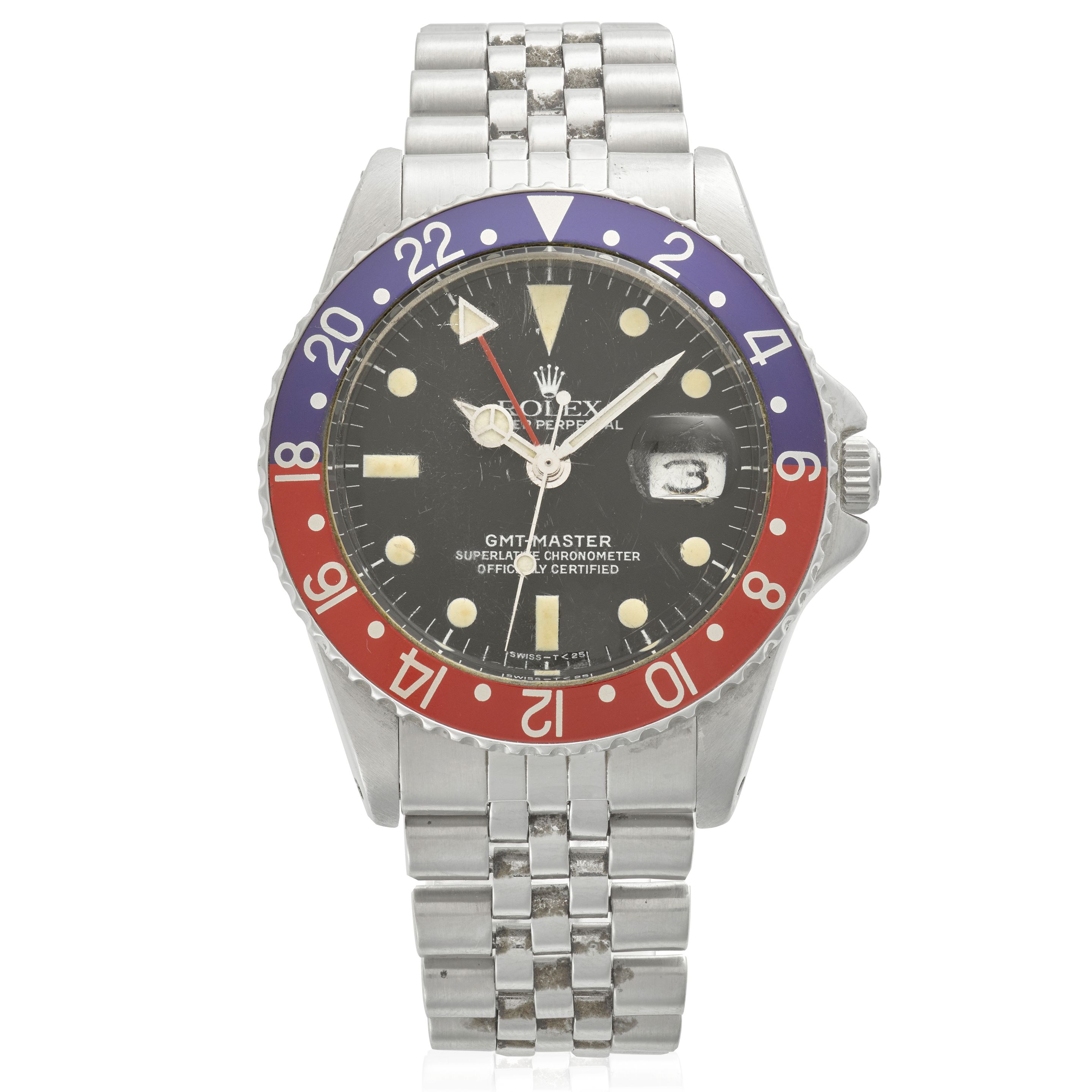ROLEX. A STAINLESS STEEL DUAL TIME ZONE AUTOMATIC CALENDAR WATCH GMT-Master "Pepsi Pointed Crown Guard", Ref: 1675, c.1961