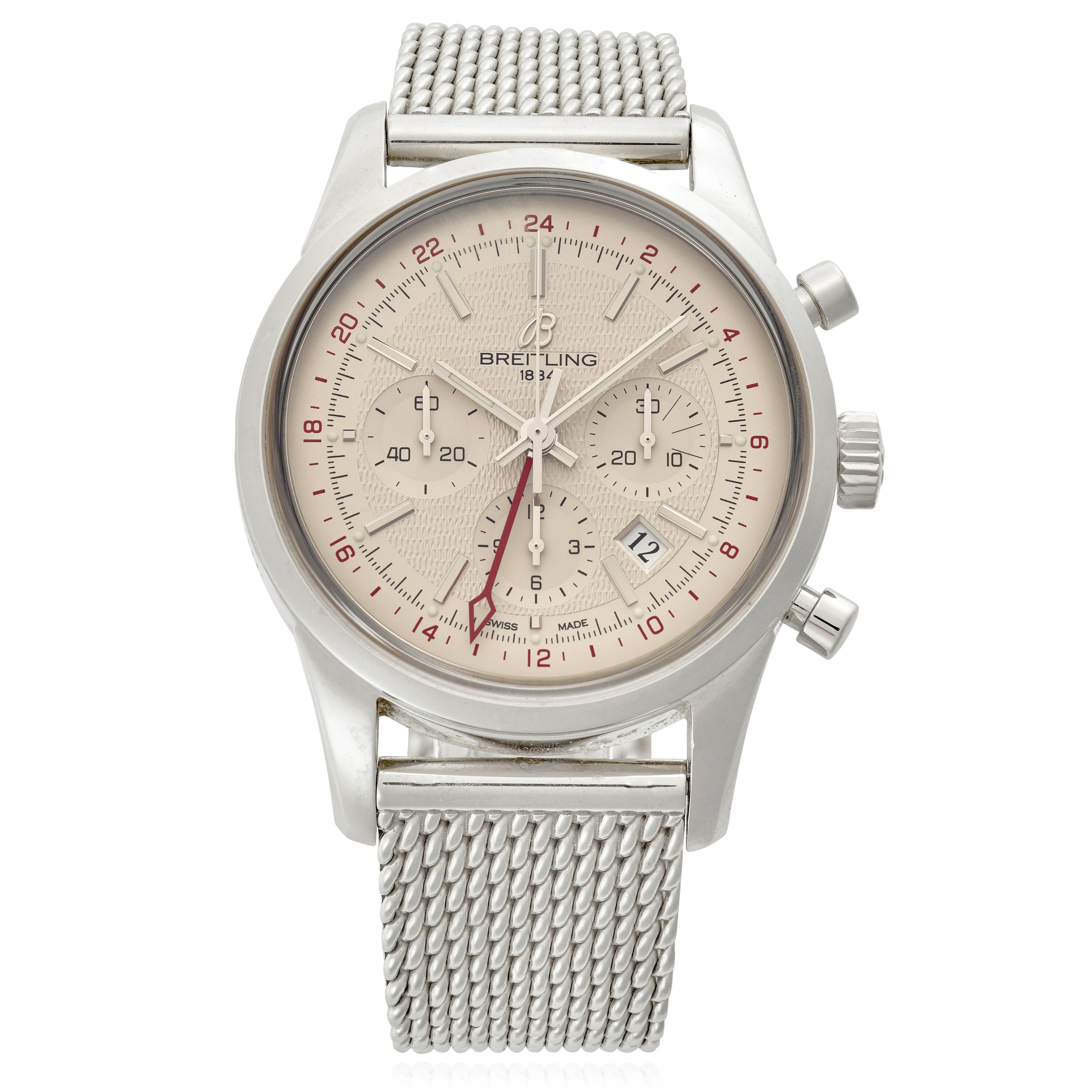 BREITLING. A LIMITED EDITION STAINLESS-STEEL AUTOMATIC DUAL-TIME CALENDAR CHRONOGRAPH BRACELET WATCH Transocean, Ref: AB0451, c.2014