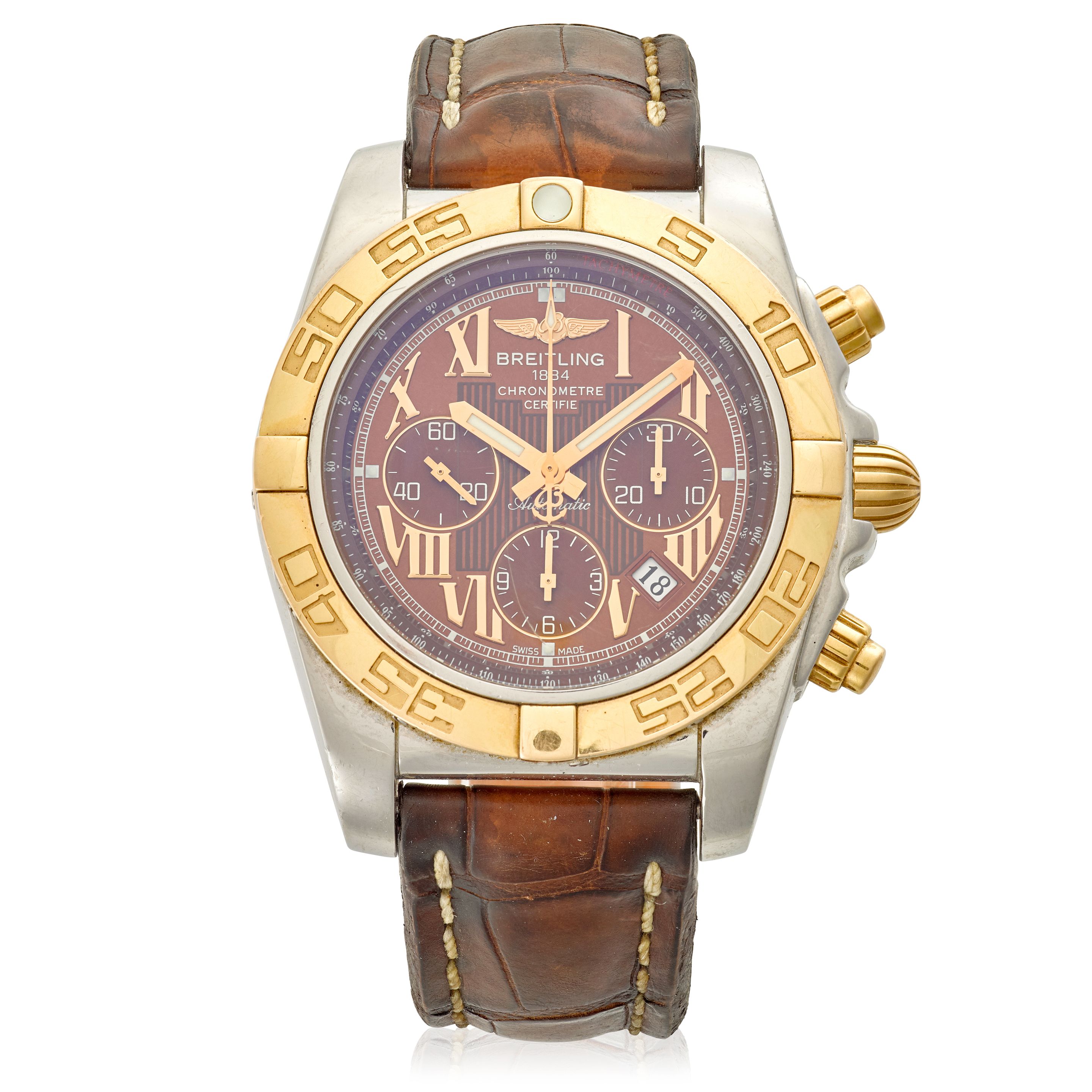BREITLING. A STAINLESS-STEEL AND GOLD AUTOMATIC CALENDAR CHRONOGRAPH WRISTWATCH Chronomat, Ref: CB0110,