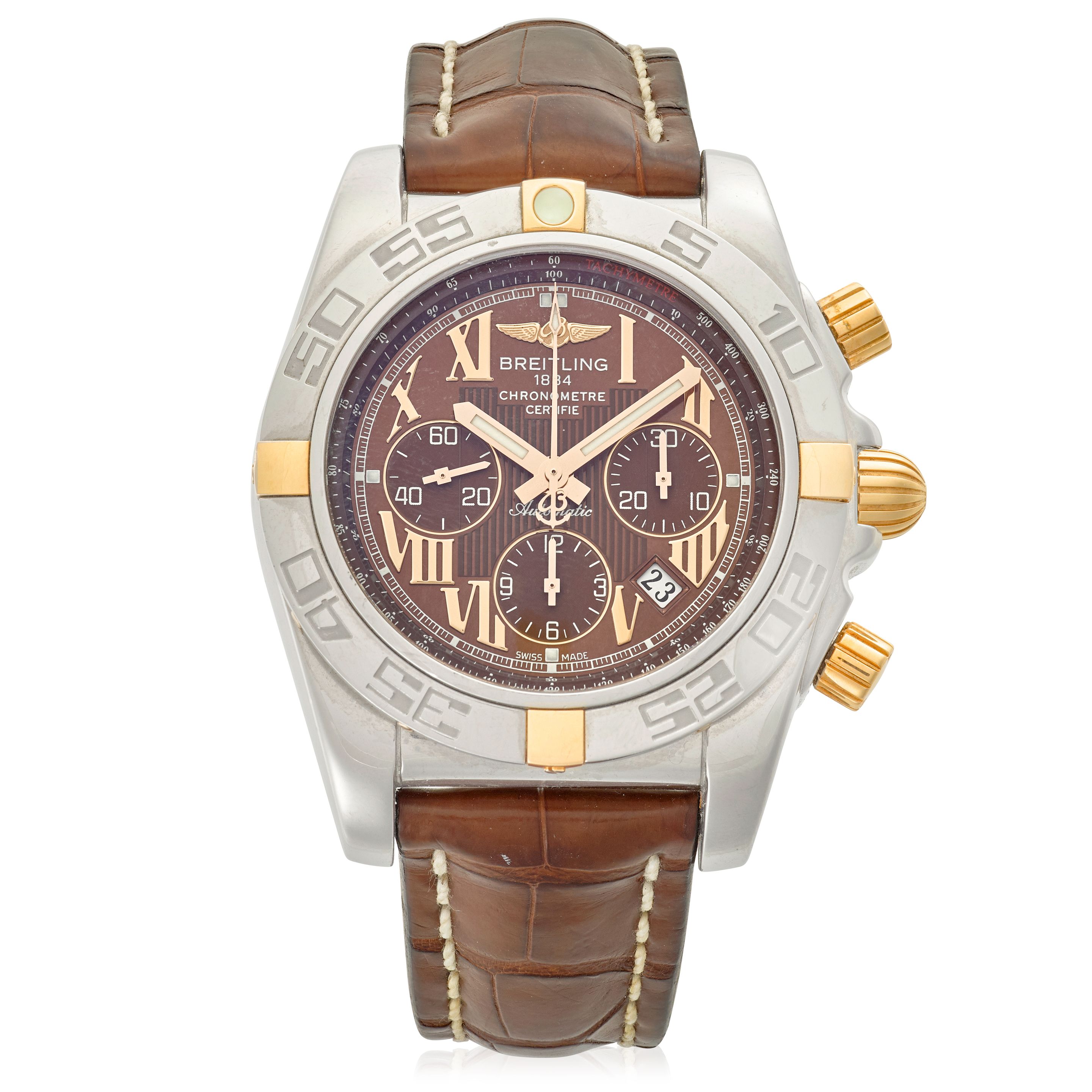 BREITLING. A STAINLESS-STEEL AND GOLD CHRONOGRAPH CALENDAR WRISTWATCH Chronomat, Ref: IB0110,
