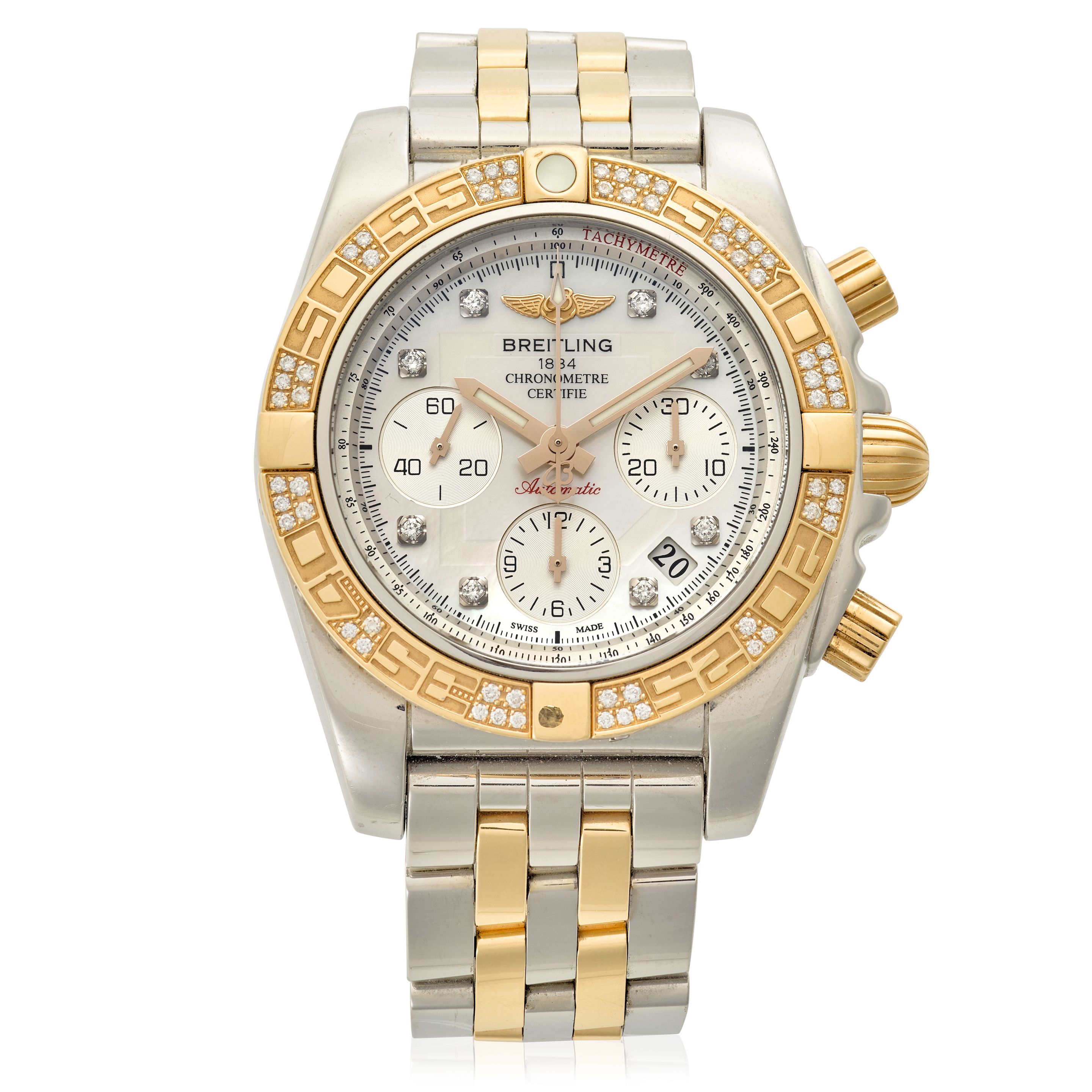 BREITLING. A STAINLESS-STEEL GOLD AND DIAMOND SET AUTOMATIC CALENDAR CHRONOGRAPH BRACELET WATCH Chronomat, Ref: CB0140, Purchased 12th December, 2011