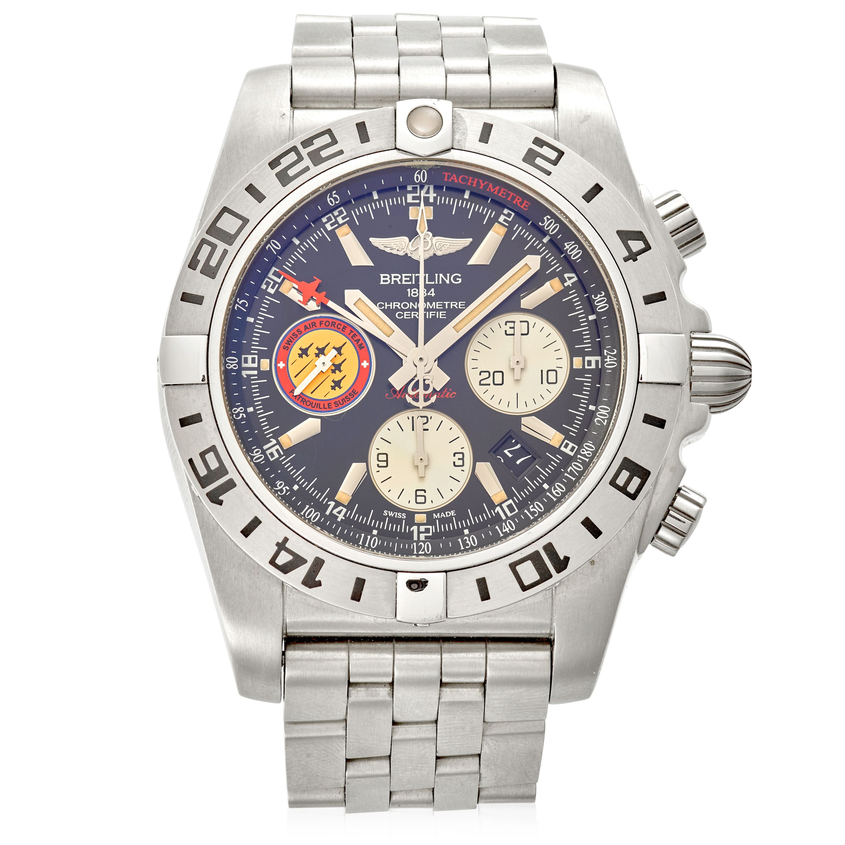 BREITLING. A STAINLESS-STEEL LIMITED EDITION CALENDAR CHRONOGRAPH BRACELET WATCH WITH DUAL TIME Chronomat, Ref: AB0420,