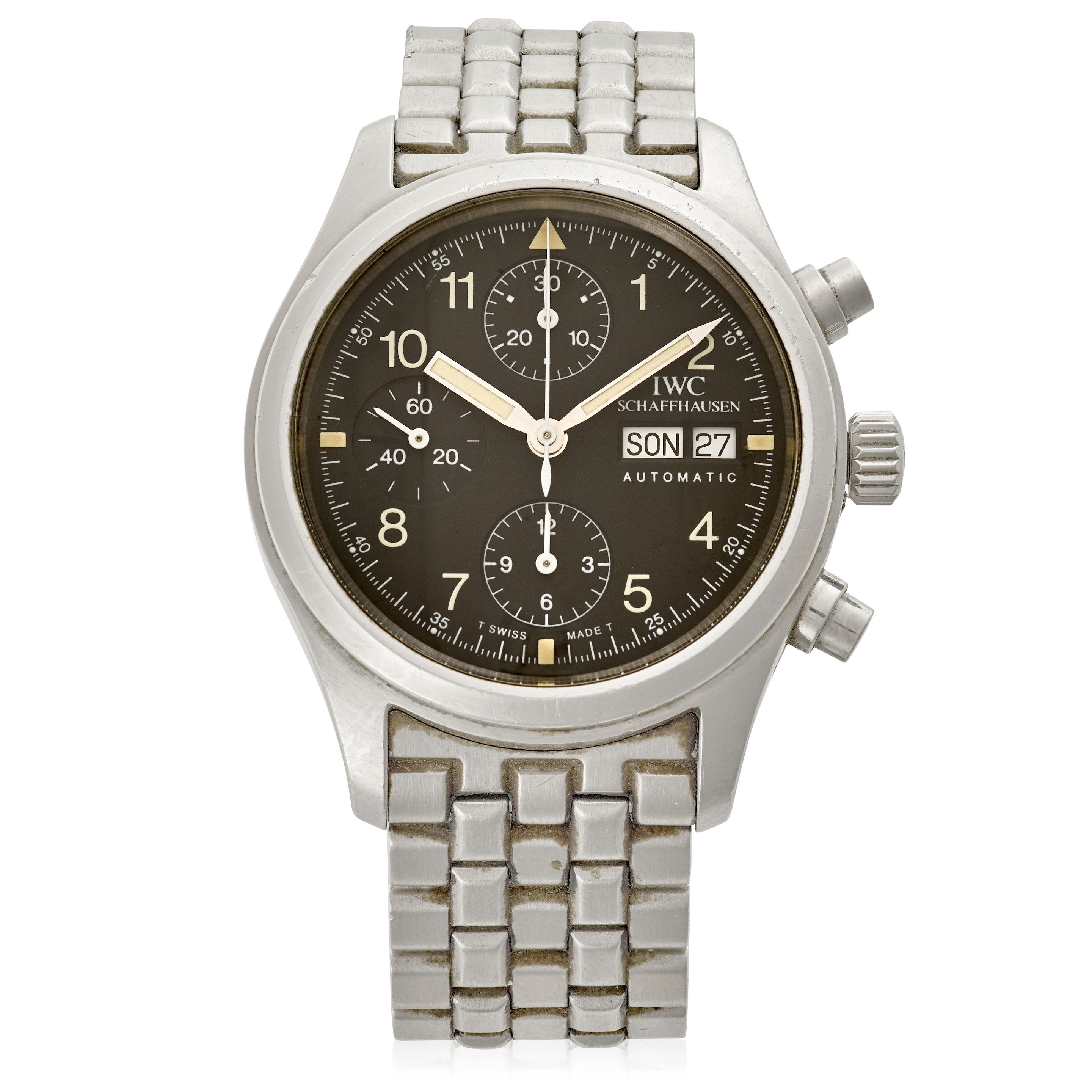 IWC. A STAINLESS-STEEL AUTOMATIC CALENDAR CHRONOGRAPH BRACELET WATCH Fliegeruhr, Ref: IW3706,