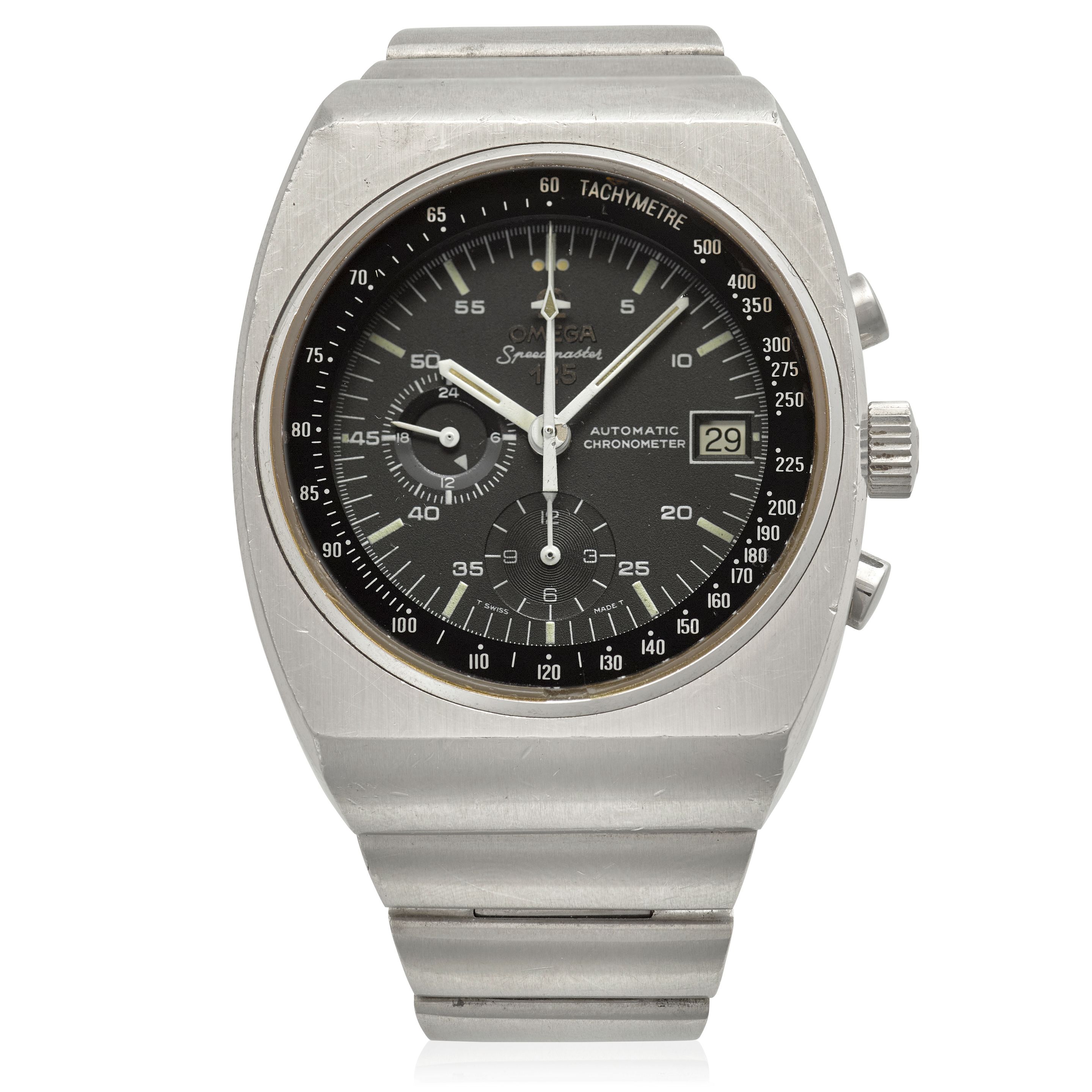 OMEGA. A STAINLESS STEEL AUTOMATIC CALENDAR CHRONOGRAPH BRACELET WATCH Speedmaster 125, Ref: 378.801, c.1980