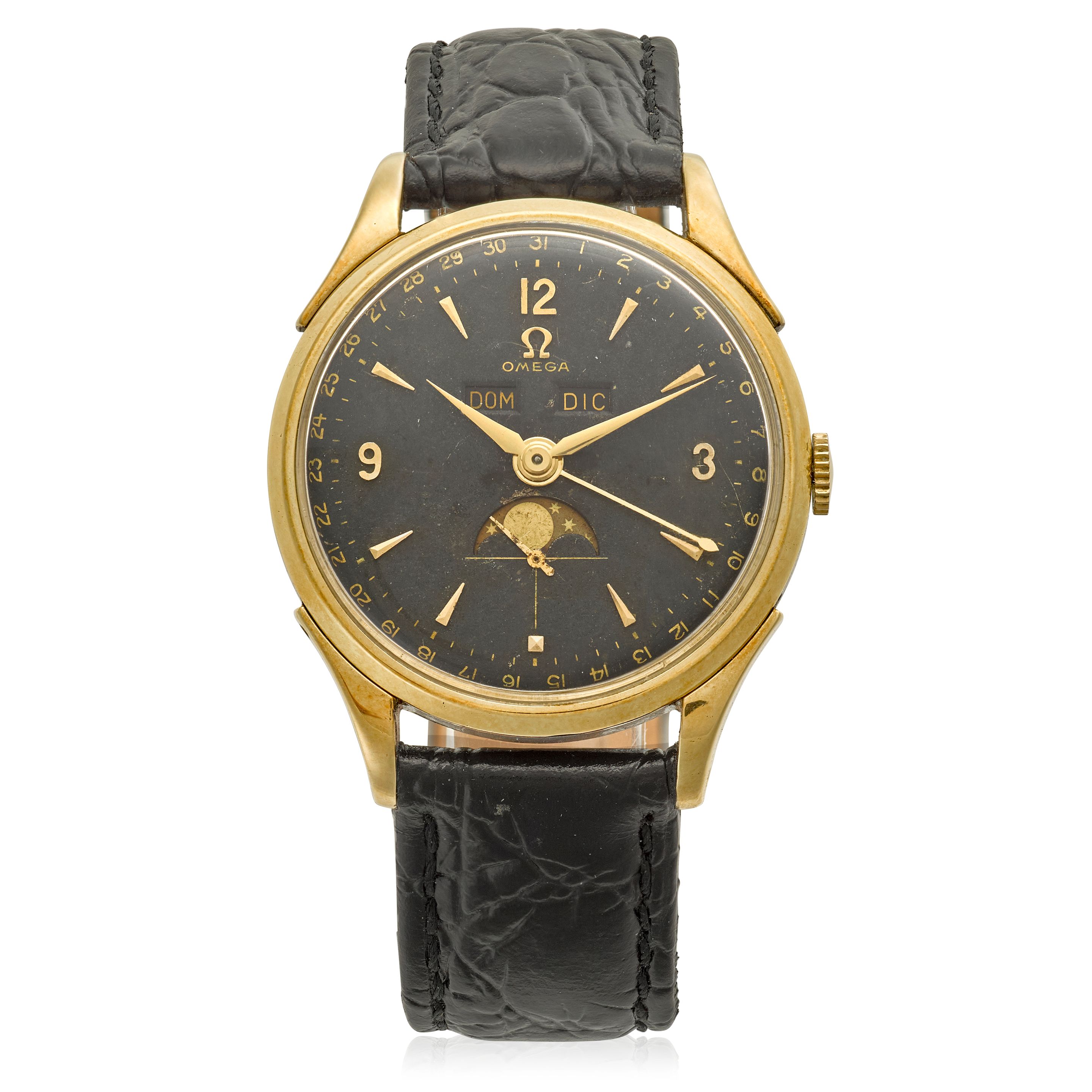 OMEGA. A GOLD PLATED MANUAL WIND TRIPLE-CALENDAR MOON PHASE WRISTWATCHRef: 2606-4, c.1950S