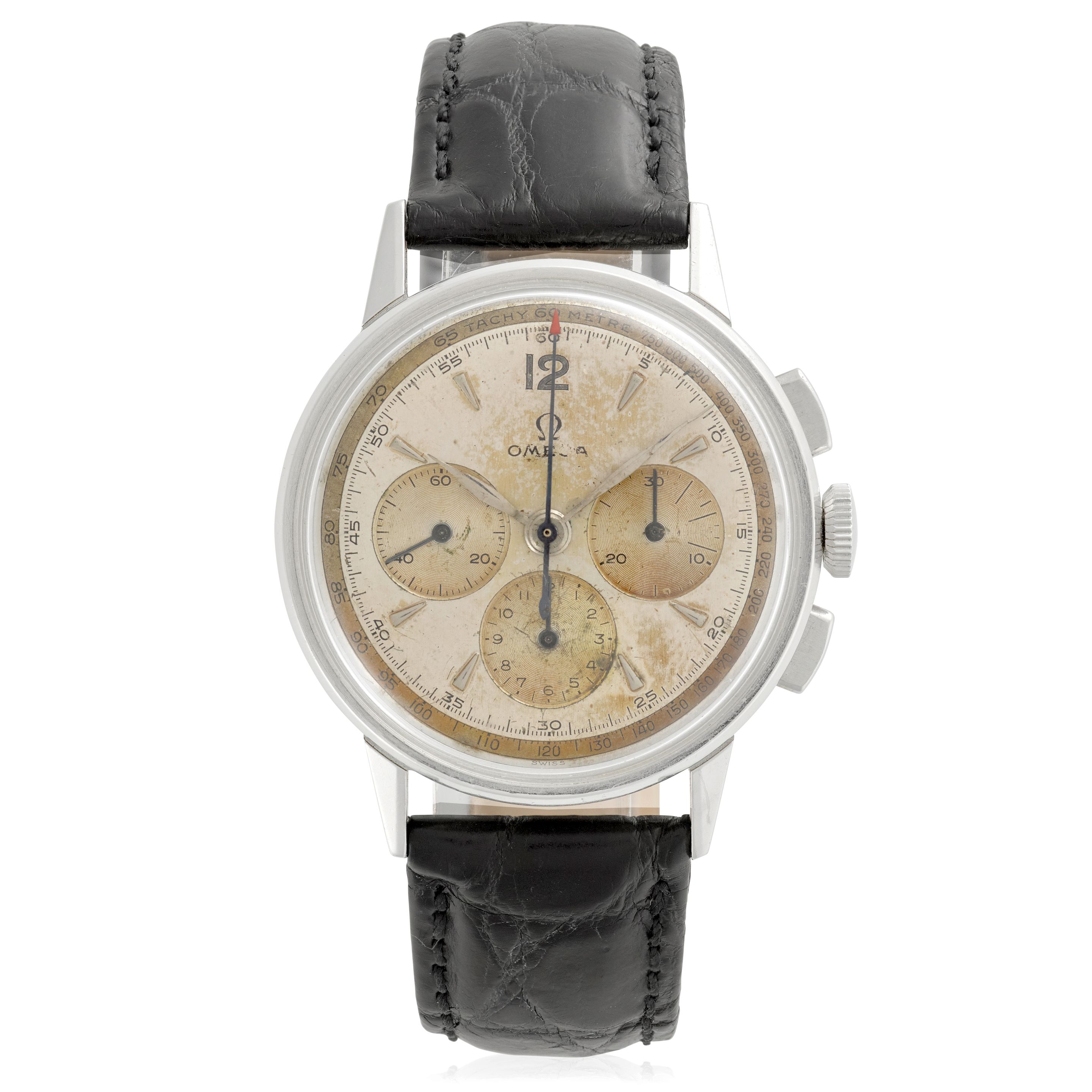 OMEGA. A STAINLESS STEEL MANUAL WIND CHRONOGRAPH WRISTWATCH WITH REGISTERSRef: 2279-4, 1940's
