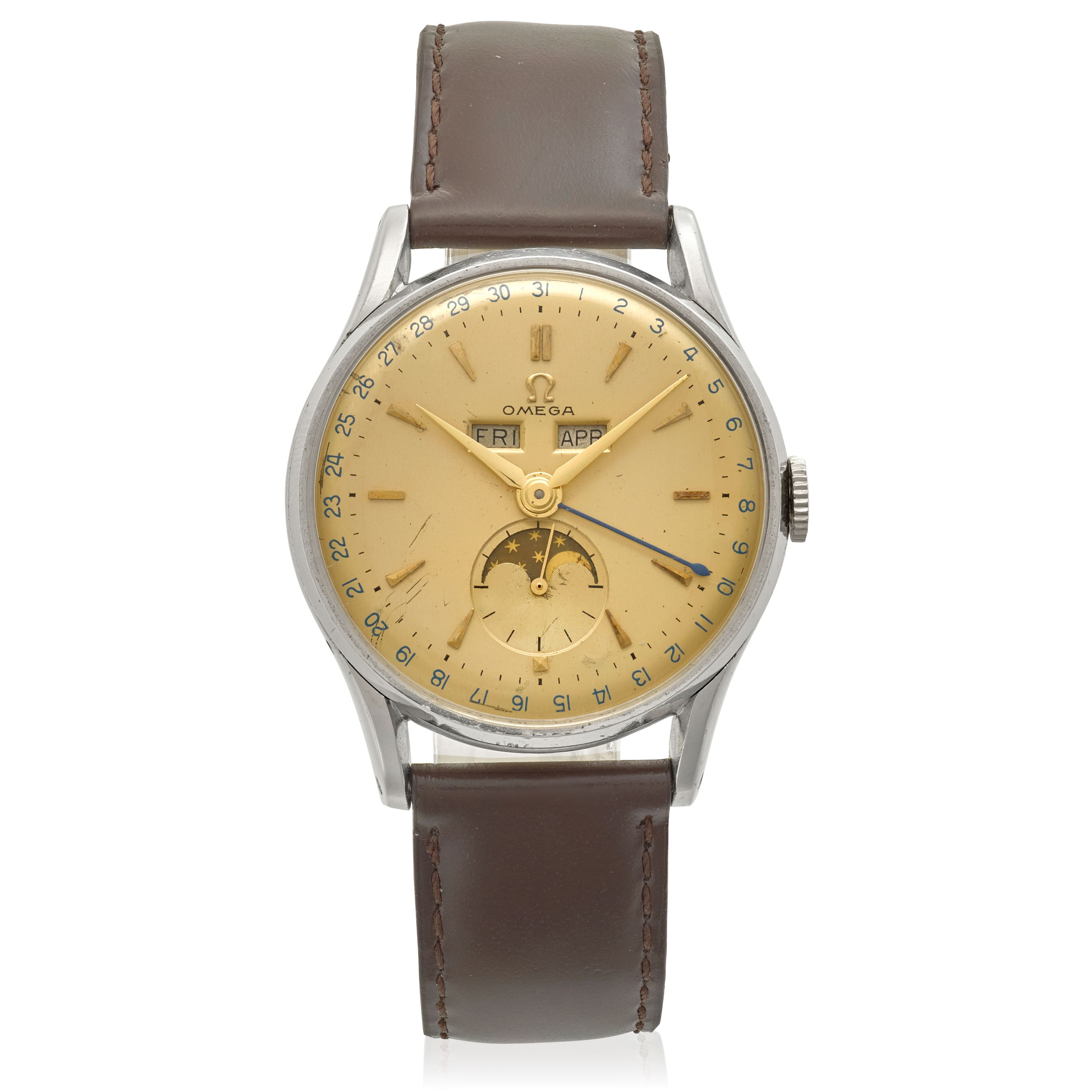OMEGA. A STAINLESS STEEL MANUAL WIND TRIPLE CALENDAR WRISTWATCH WITH MOON PHASERef: 2471/1, Circa 1944