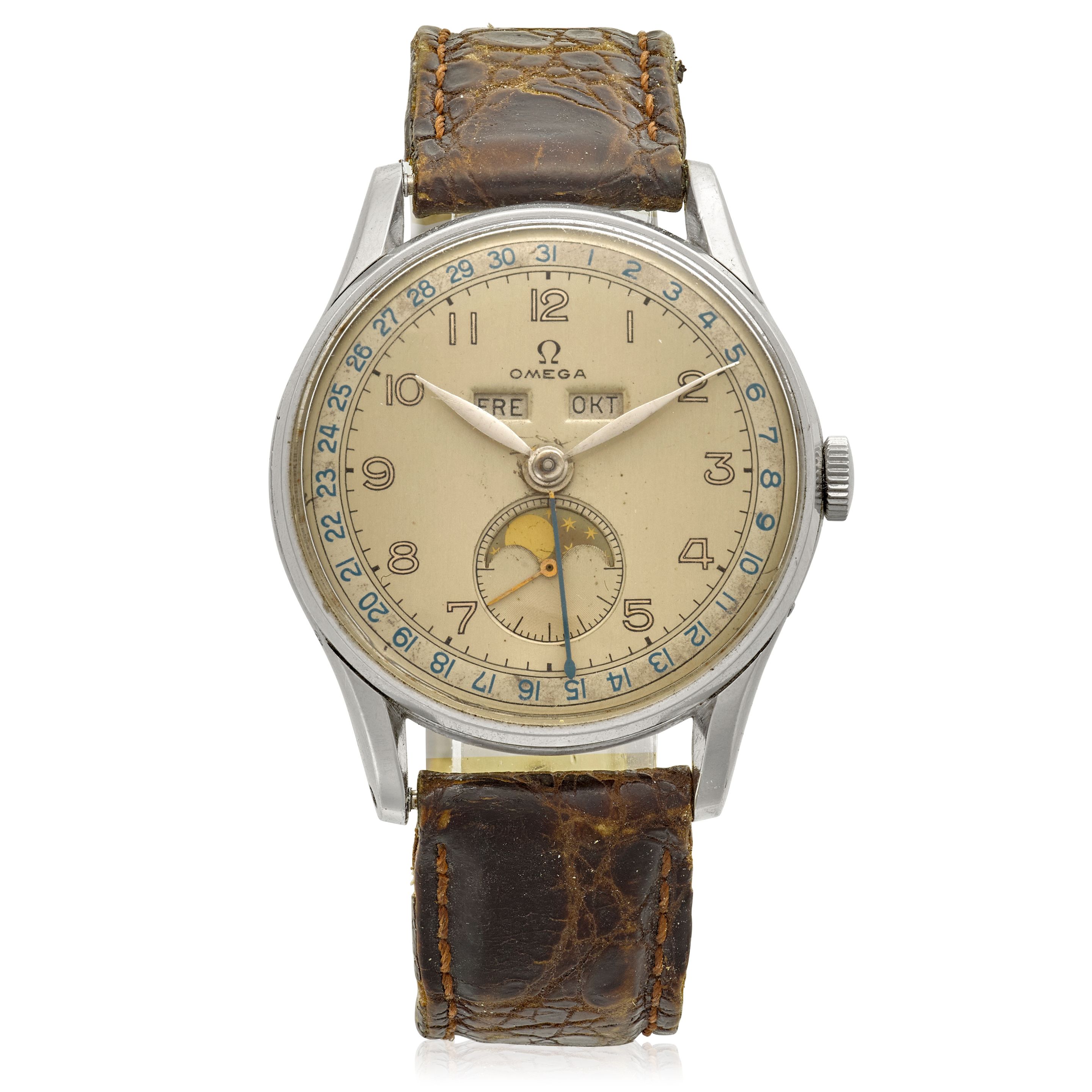 OMEGA. A STAINLESS STEEL MANUAL WIND TRIPLE CALENDAR WRISTWATCH WITH MOON PHASERef: 2471/1, circa 1944