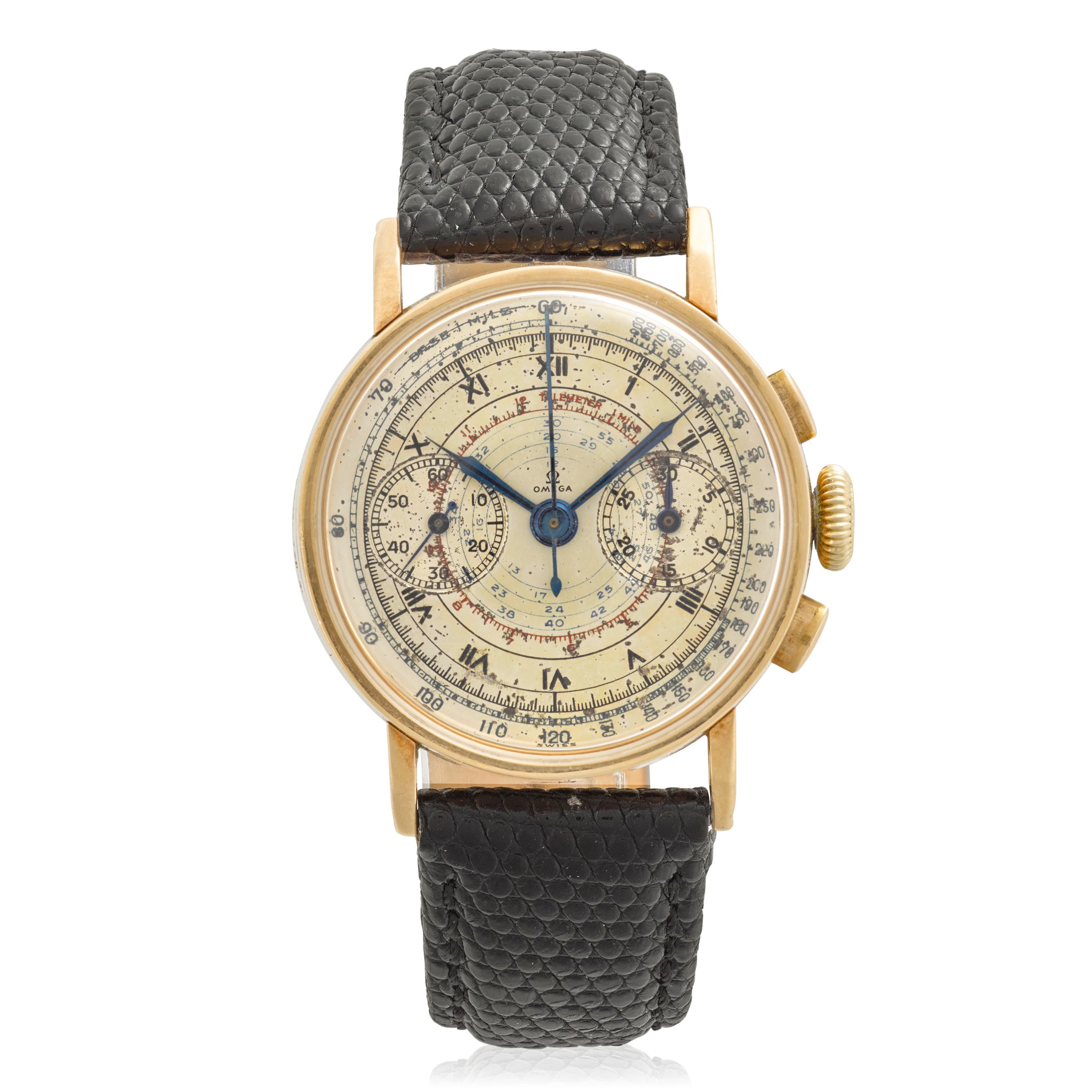 OMEGA. AN 18K PINK GOLD MANUAL WIND CHRONOGRAPH WRISTWATCHc.1936