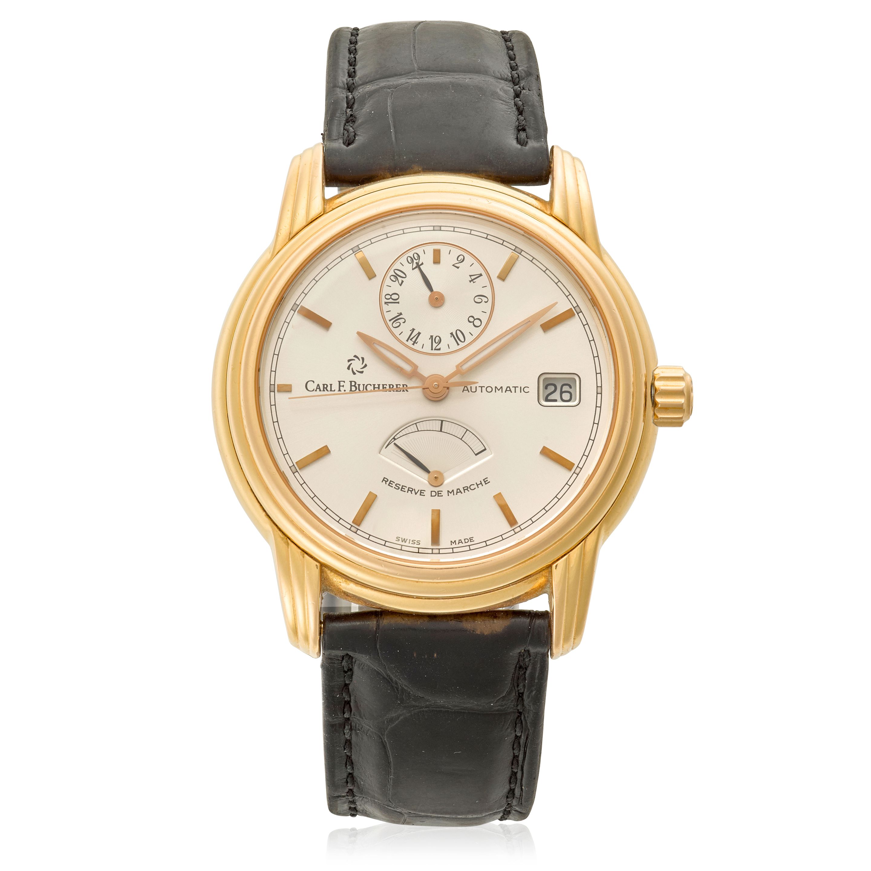 CARL F. BUCHERER. AN 18K GOLD AUTOMATIC DUAL-TIME WRISTWATCH WITH POWER-RESERVE Archimedes, Ref: 10210.03, c.1990s