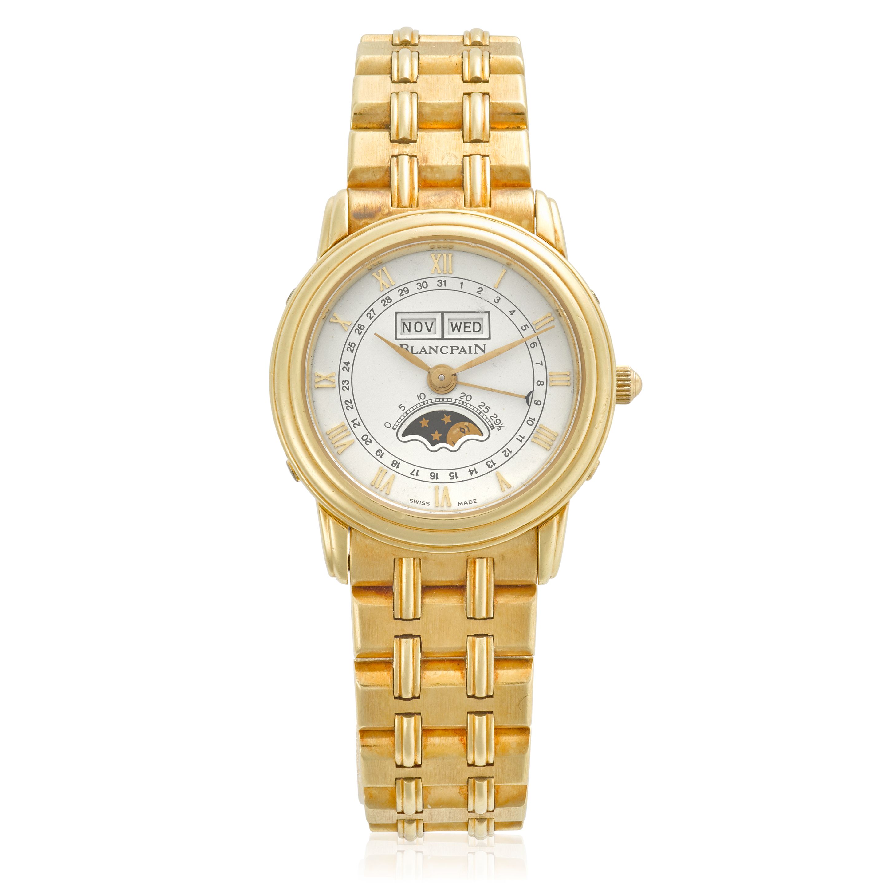 BLANCPAIN. A LADY'S 18CT GOLD AUTOMATIC CALENDAR BRACELET WATCH WITH MOON PHASECirca 1990