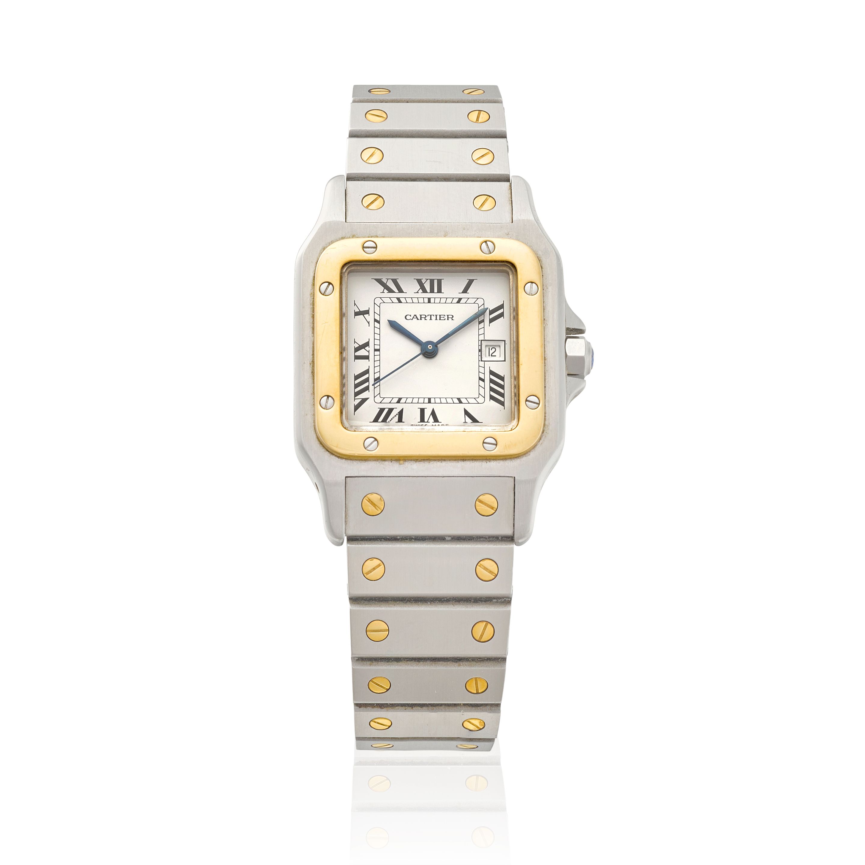 CARTIER. A GOLD AND STAINLESS-STEEL AUTOMATIC CALENDAR BRACELET WATCH Santos, c.2000s