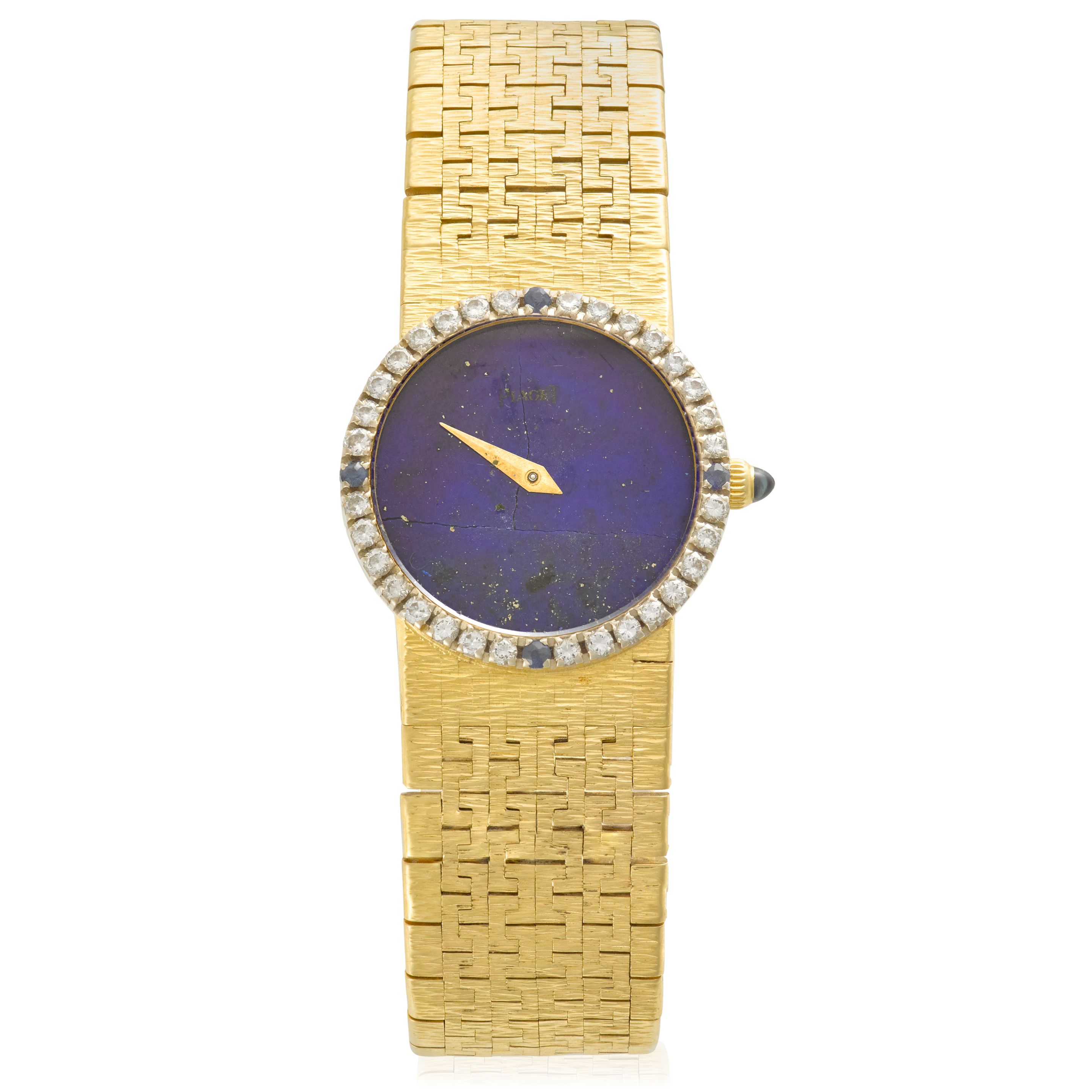 PIAGET. A LADY'S 18K GOLD, DIAMOND AND SAPPHIRE SET MANUAL WIND BRACELET WATCHRef: 9706 A 6, Circa 1970