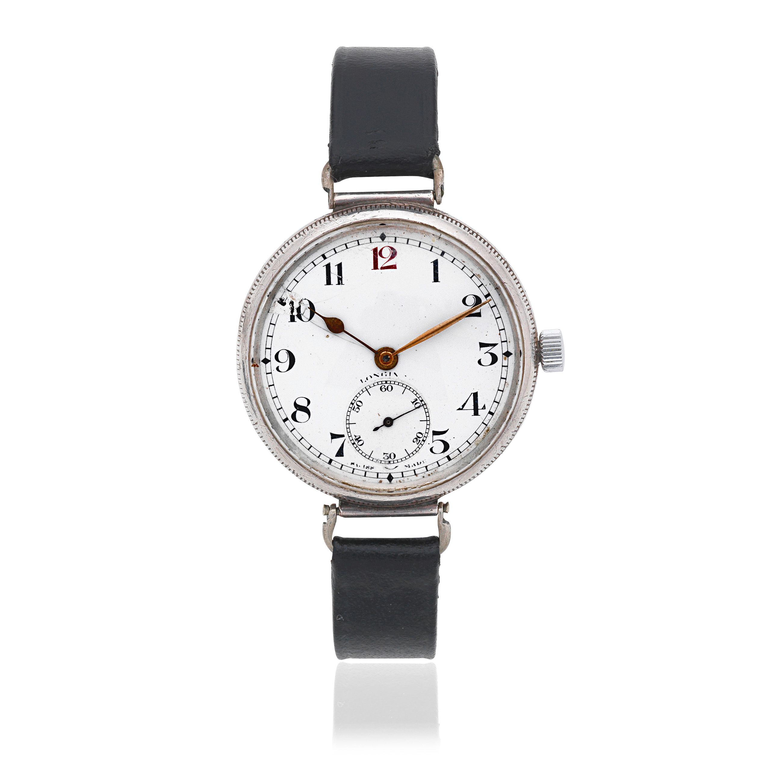 Longines. A silver manual wind trench style wristwatch London Import mark for 1930