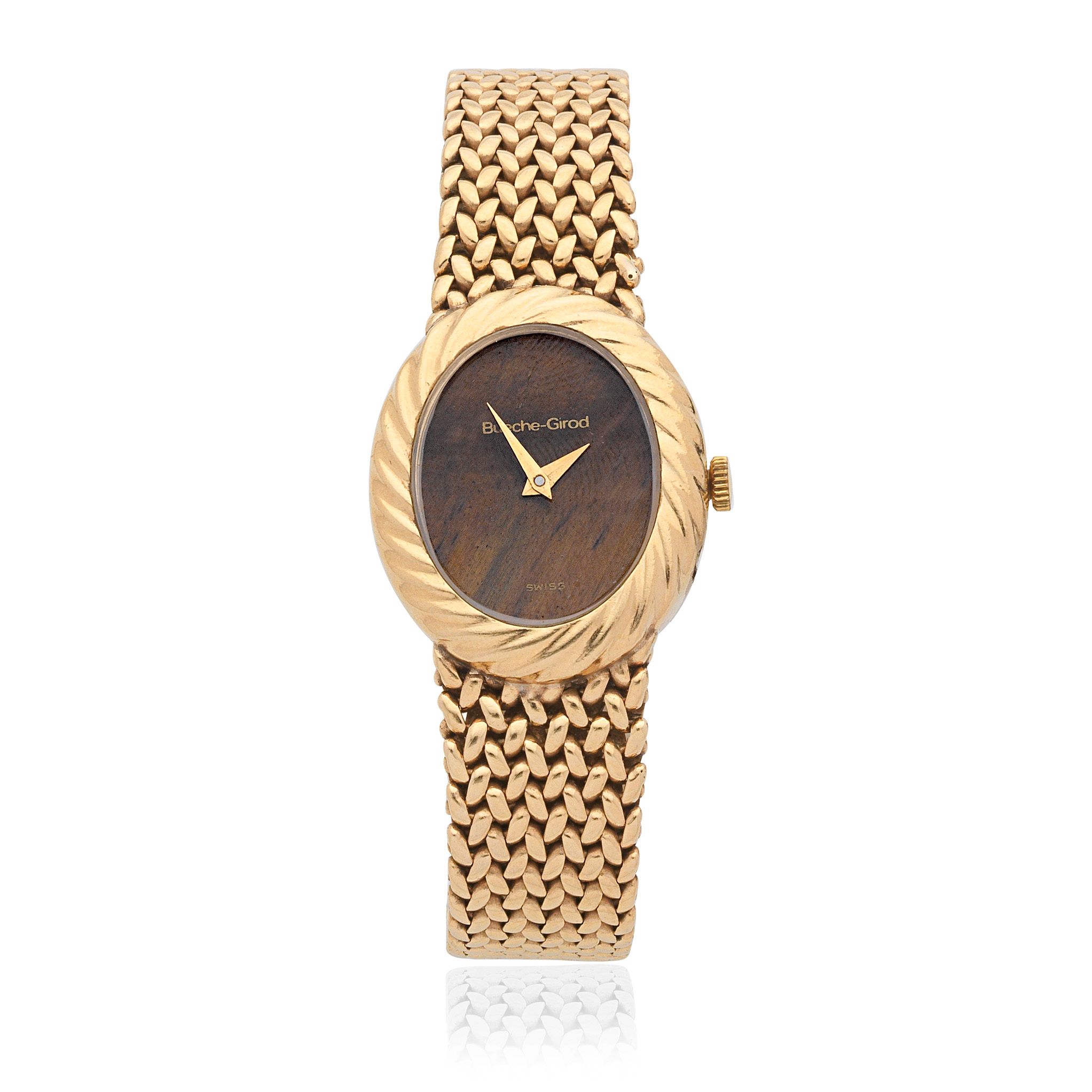 Bueche-Girod. A 9K gold quartz bracelet watch with tiger's eye dial London Hallmark for 1978