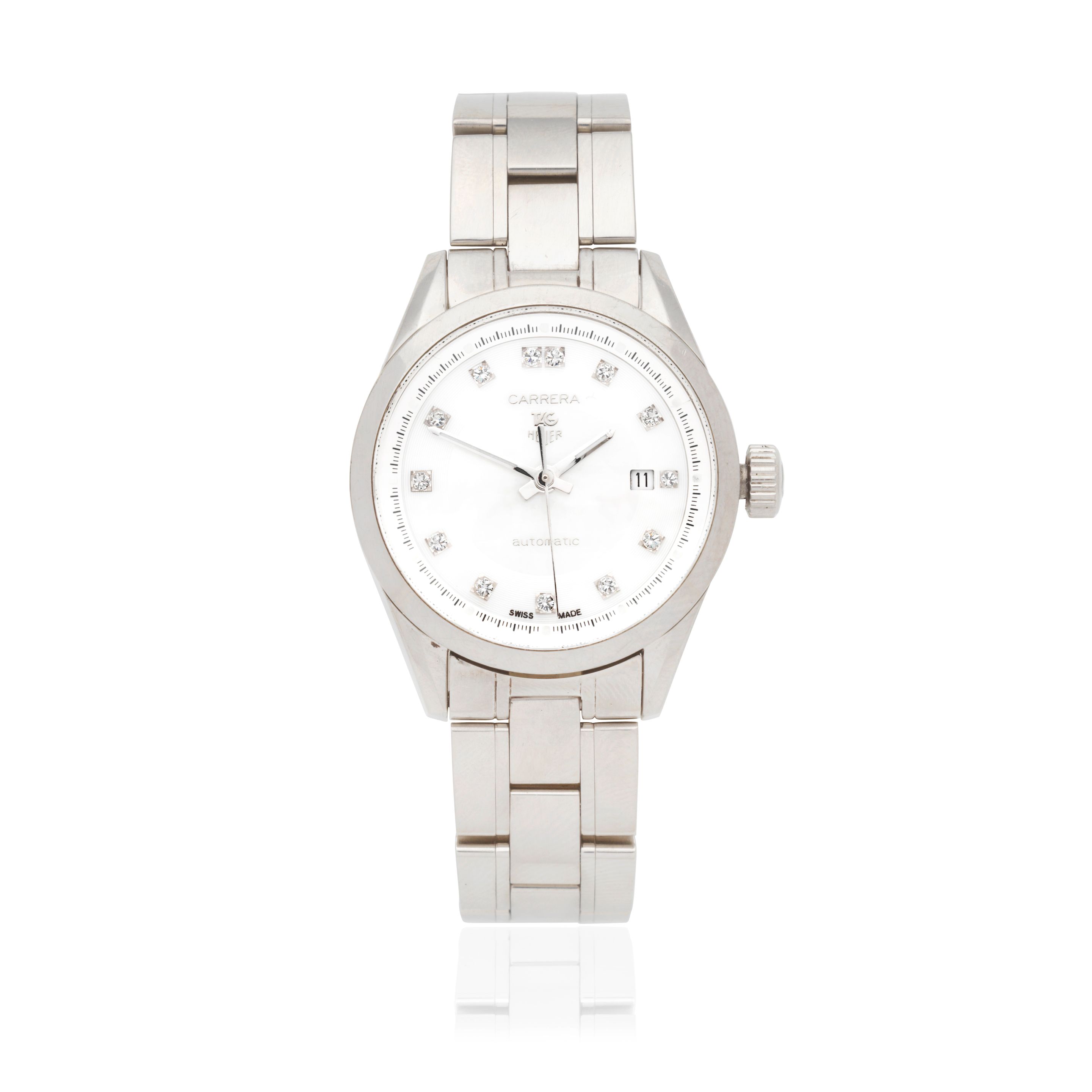 TAG Heuer. A lady's stainless steel diamond set automatic calendar bracelet watch with mother of pearl dial Carrera, Ref: WV2411, Purchased 3rd March 2018