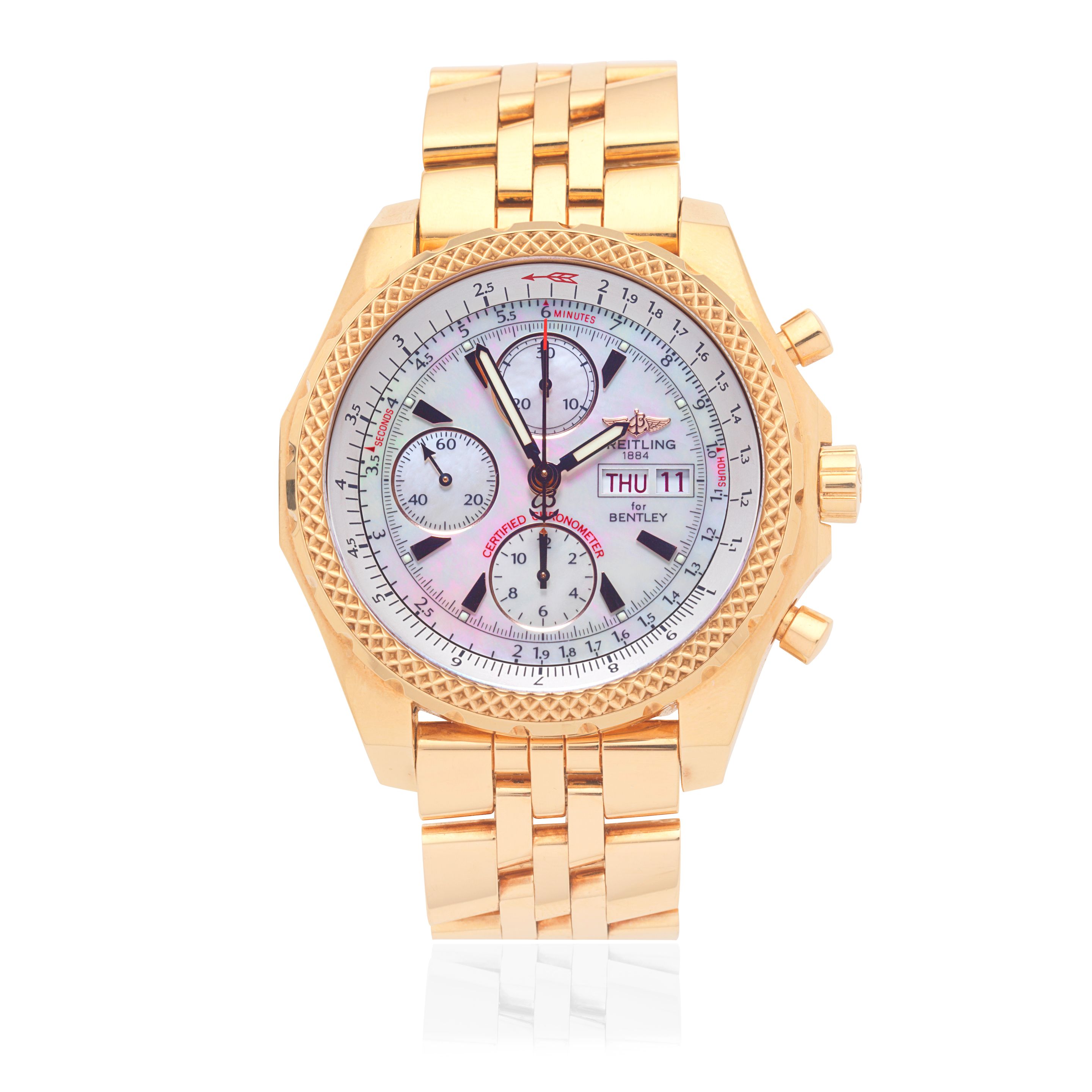 Breitling for Bentley. A Limited Edition 18K gold automatic calendar chronograph bracelet watch with mother of pearl dial For Bentley, Continental GT, Ref: H13363, No.171/500, ...