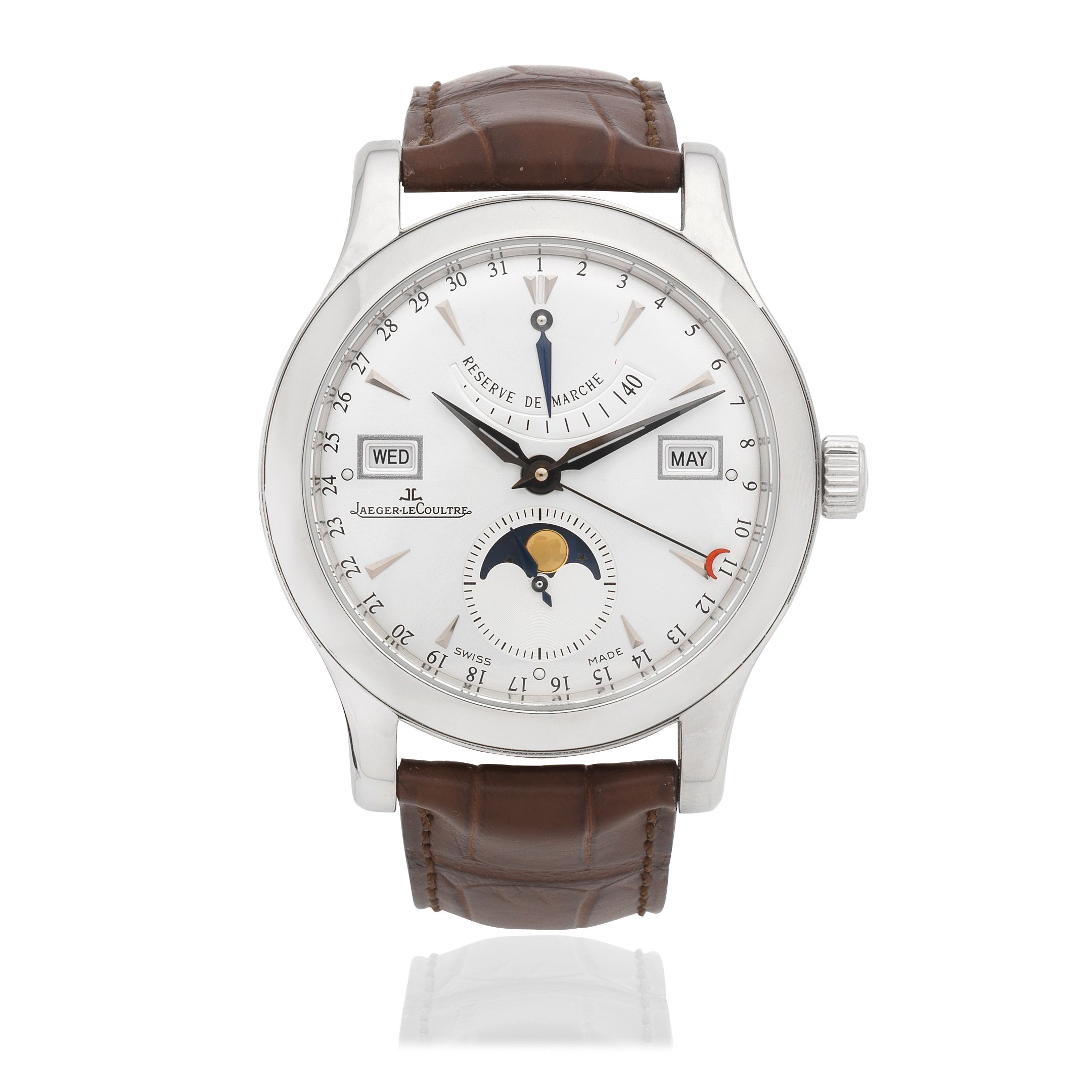 Jaeger-LeCoultre. A stainless steel automatic triple calendar wristwatch with moon phase and power reserve Master Control, Ref: 147.8.41.S, Purchased 25 January 2010