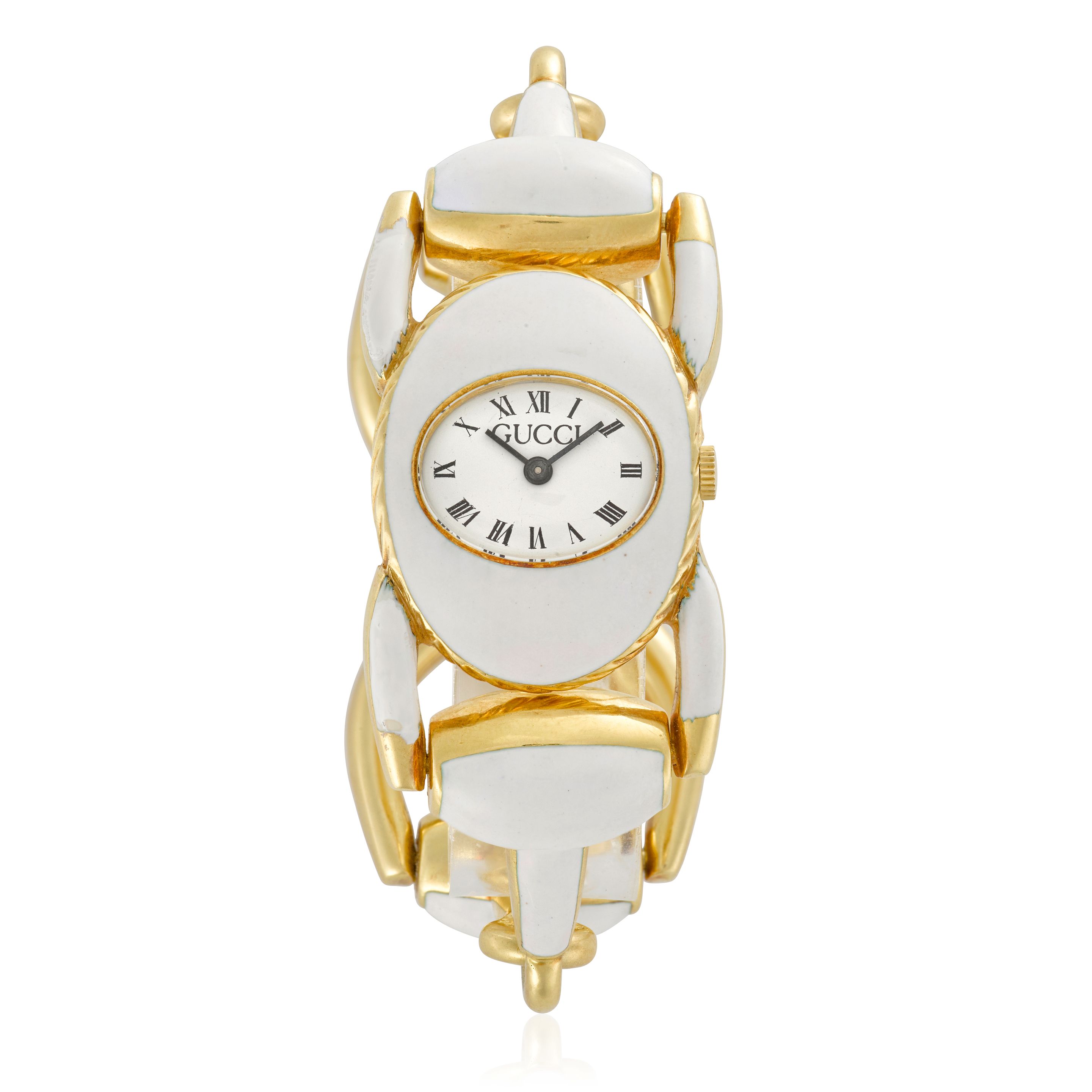GUCCI. AN ENAMELED GILT MANUAL WIND BRACELET WATCH