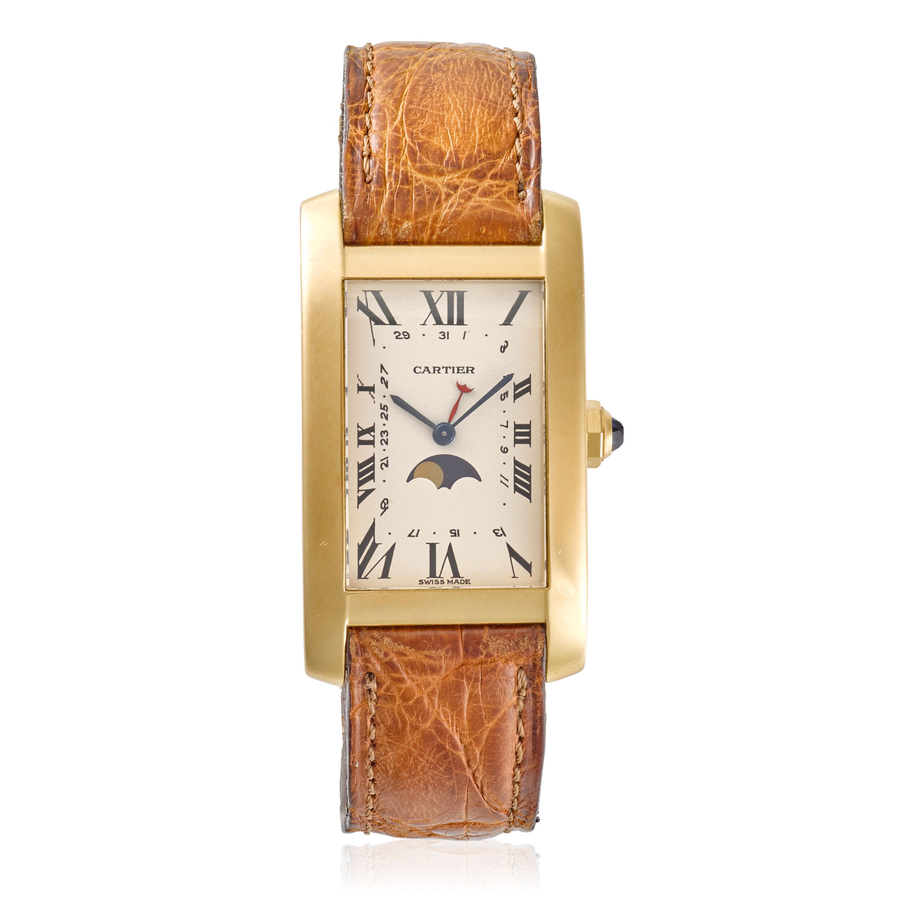 CARTIER. AN 18K GOLD CALENDAR WRISTWATCH WITH MOON PHASE Tank Americaine, Ref: 819908, c.1980s