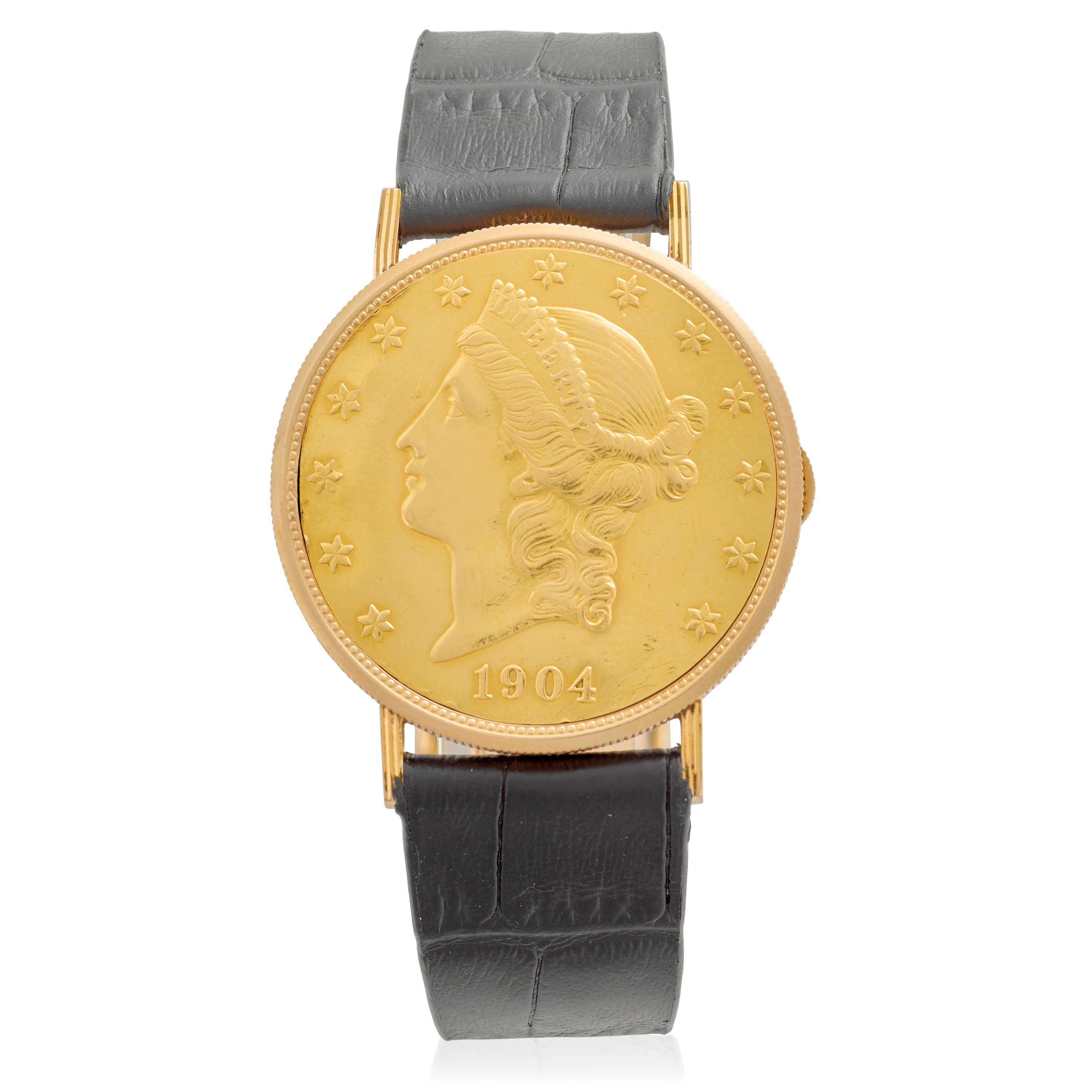 ULYSSE NARDIN. A RARE 18K GOLD $20 COIN WATCH 1904 $20, Circa 1985