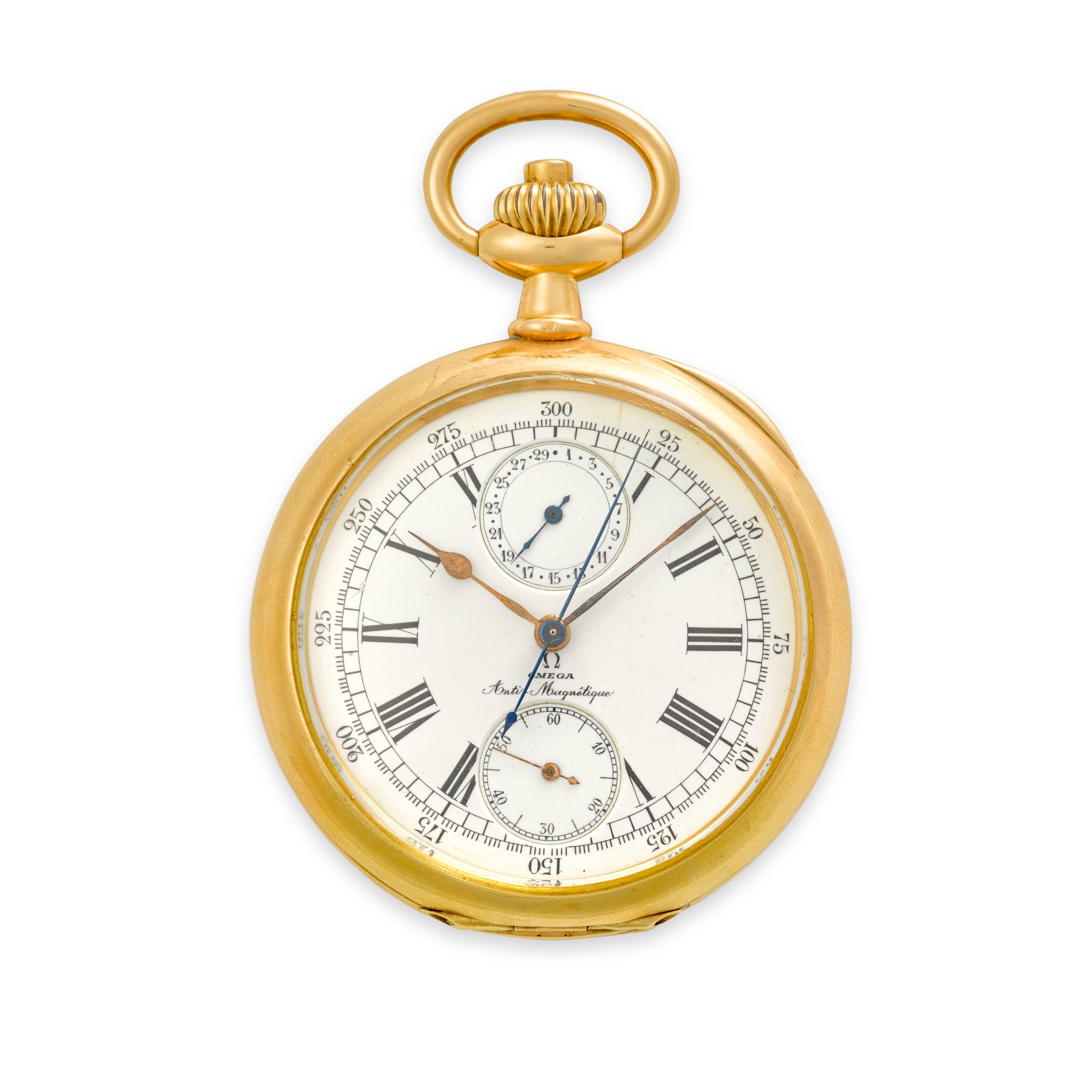 OMEGA. AN 18K GOLD ANTI-MAGNETIC CHRONOGRAPH OPEN FACE WATCHCirca 1910
