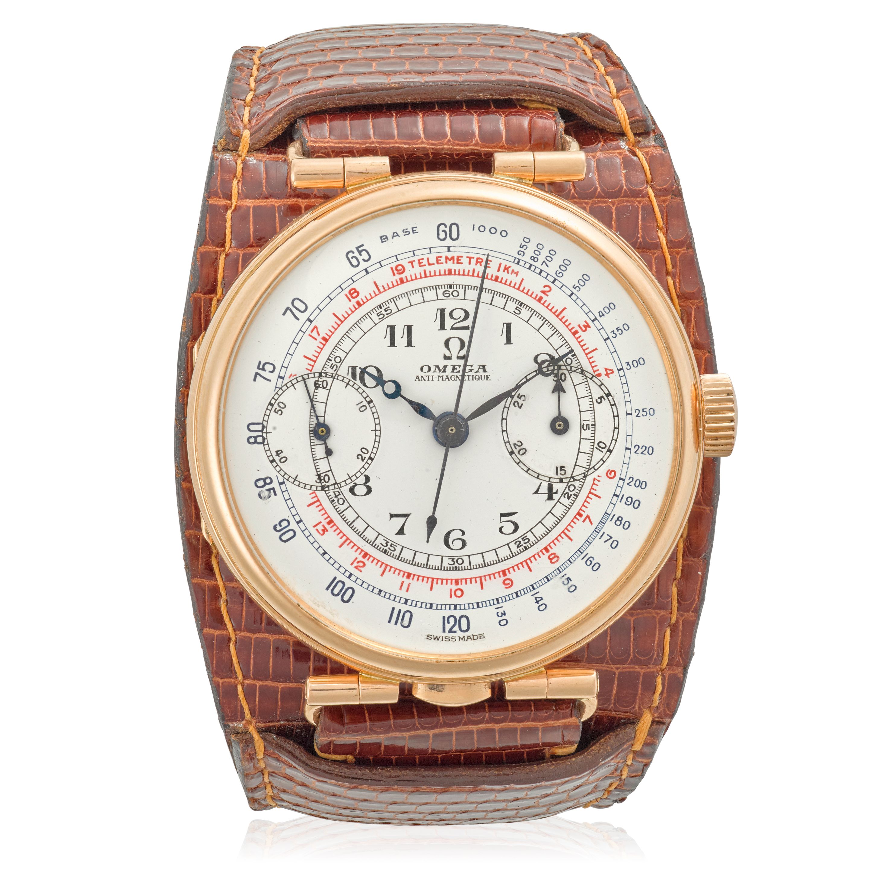 OMEGA. A FINE AND RARE 18K ROSE GOLD LARGE SINGLE BUTTON TACHYMETER CHRONOGRAPH WITH ENAMEL DIAL1920's