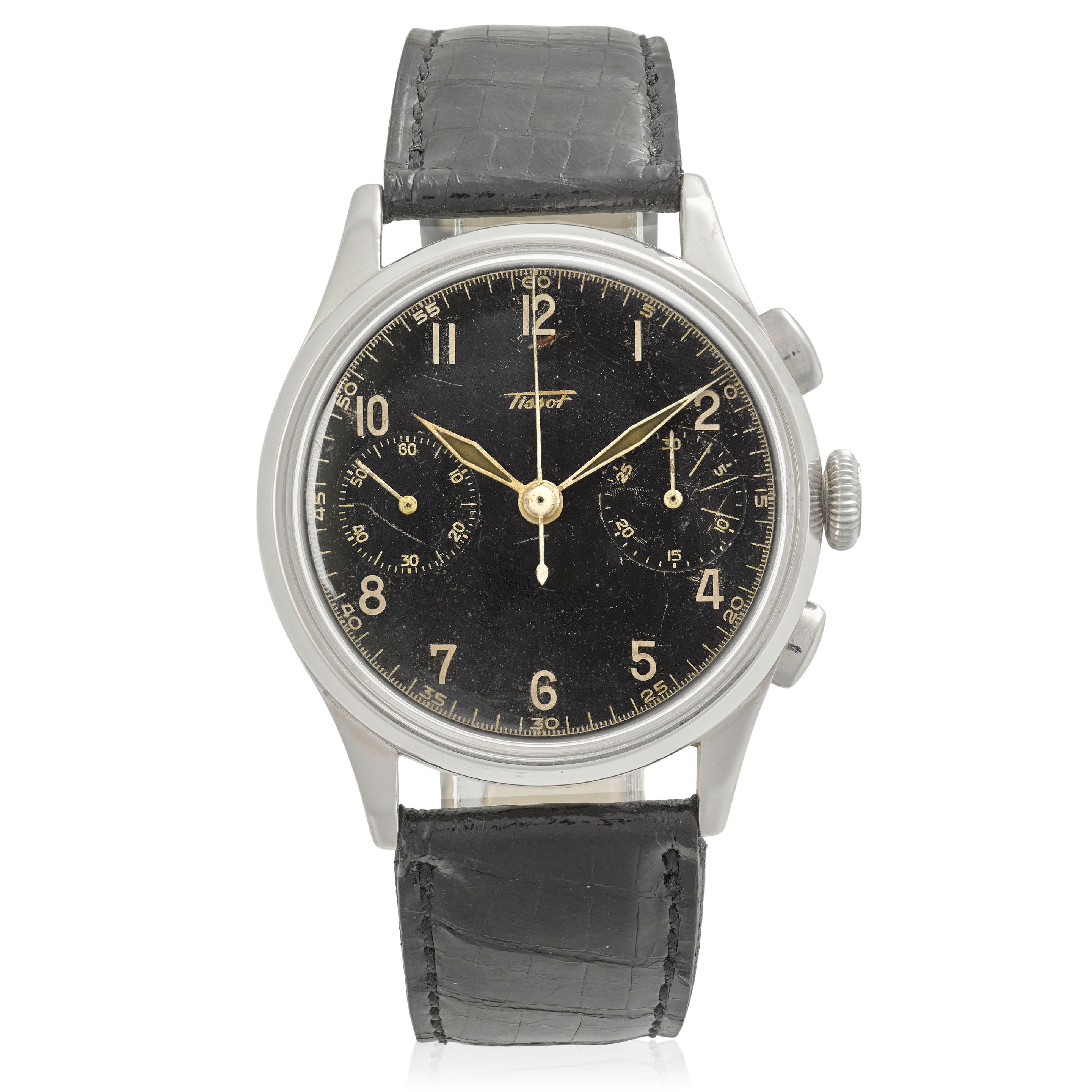 TISSOT. A MANUAL WIND STAINLESS STEEL CHRONOGRAPH WRISTWATCHRef: 6201/2, 1940's