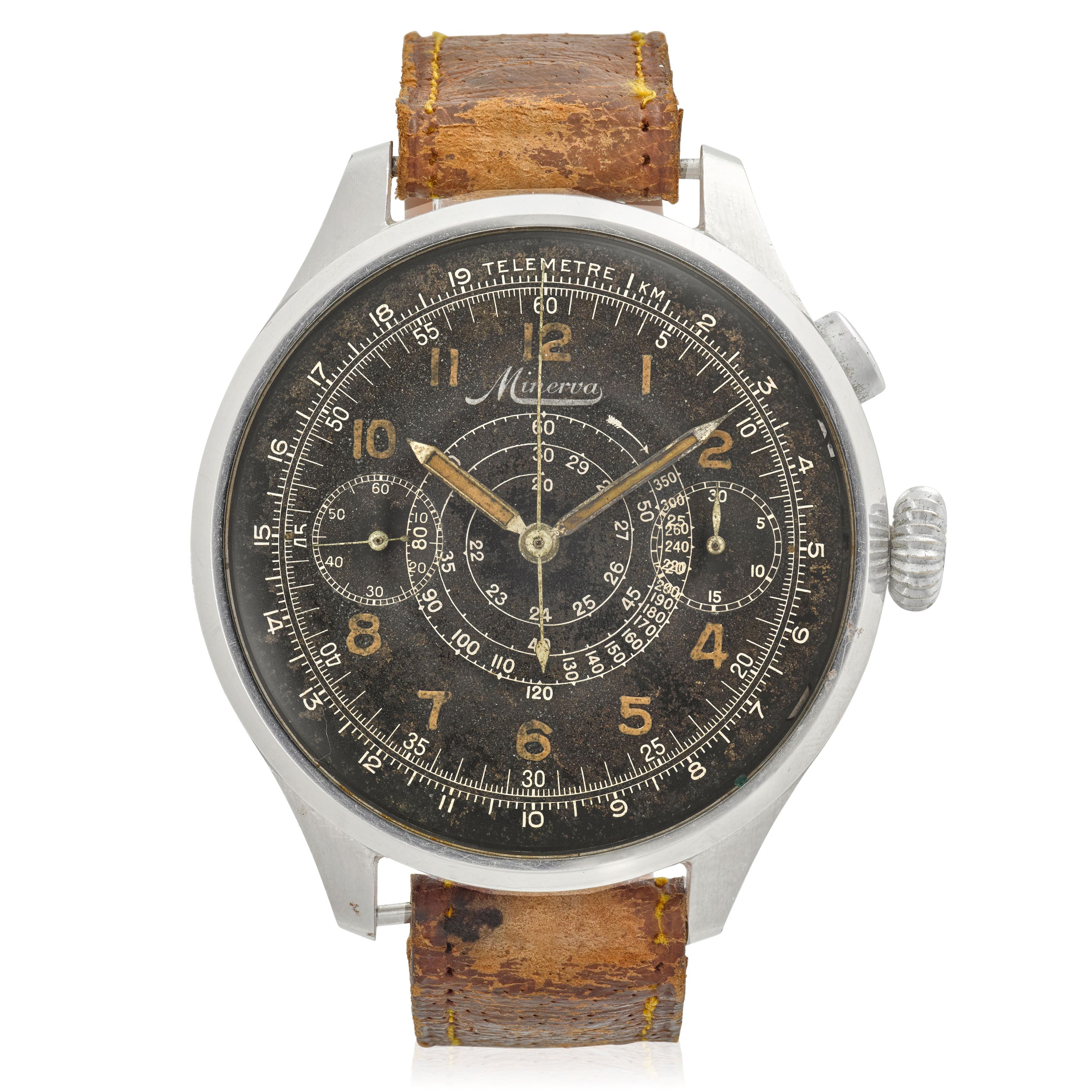 MINERVA. A FINE STAINLESS STEEL MANUAL WIND MILITARY MONOPUSHER CHRONOGRAPH WRISTWATCH WITH 'GILT' DIALc.1930s