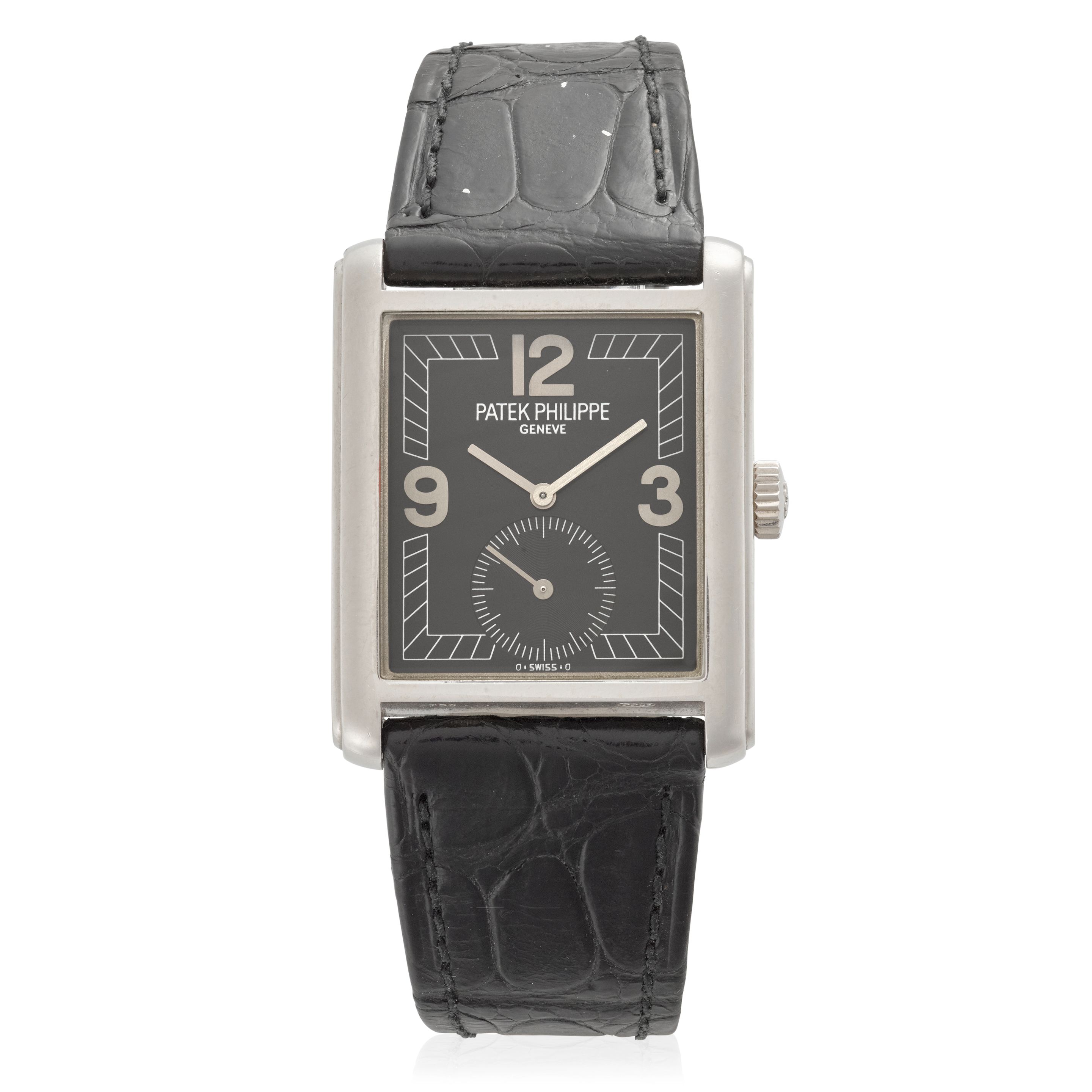 PATEK PHILIPPE. A FINE 18K WHITE GOLD MANUAL WIND RECTANGULAR WRISTWATCH Gondolo, Ref: 5014G, 2001