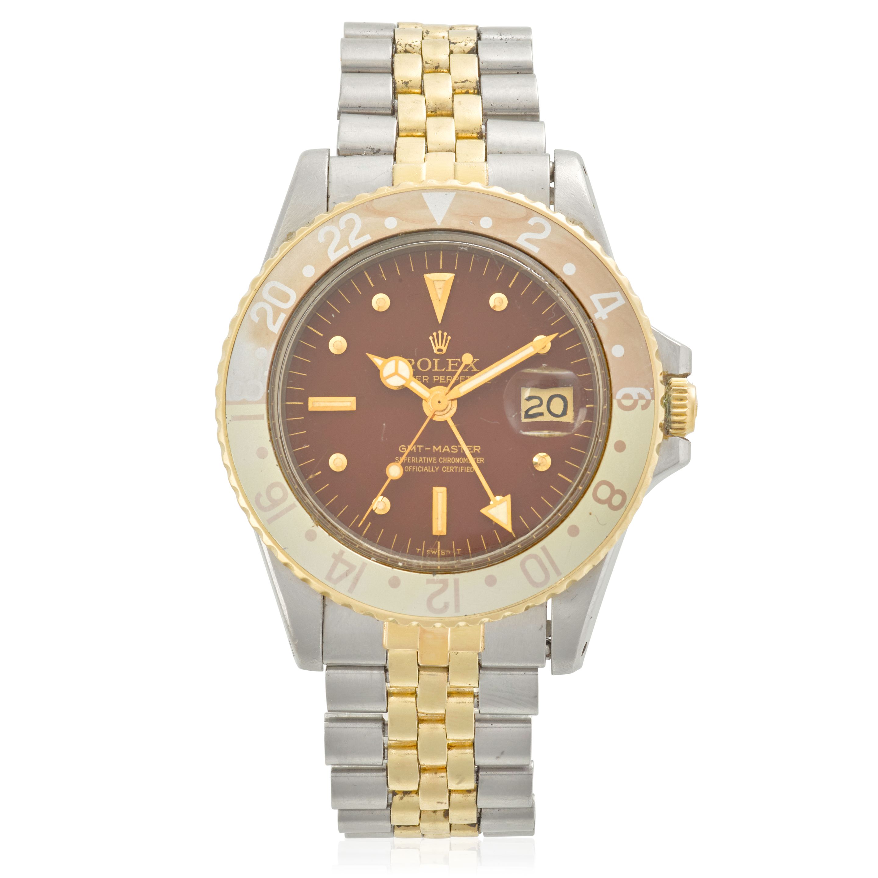 ROLEX. A STAINLESS STEEL AND GOLD AUTOMATIC CALENDAR WRISTWATCH WITH SECOND TIME ZONE GMT Master "Root Beer", Ref: 1675, Circa 1970