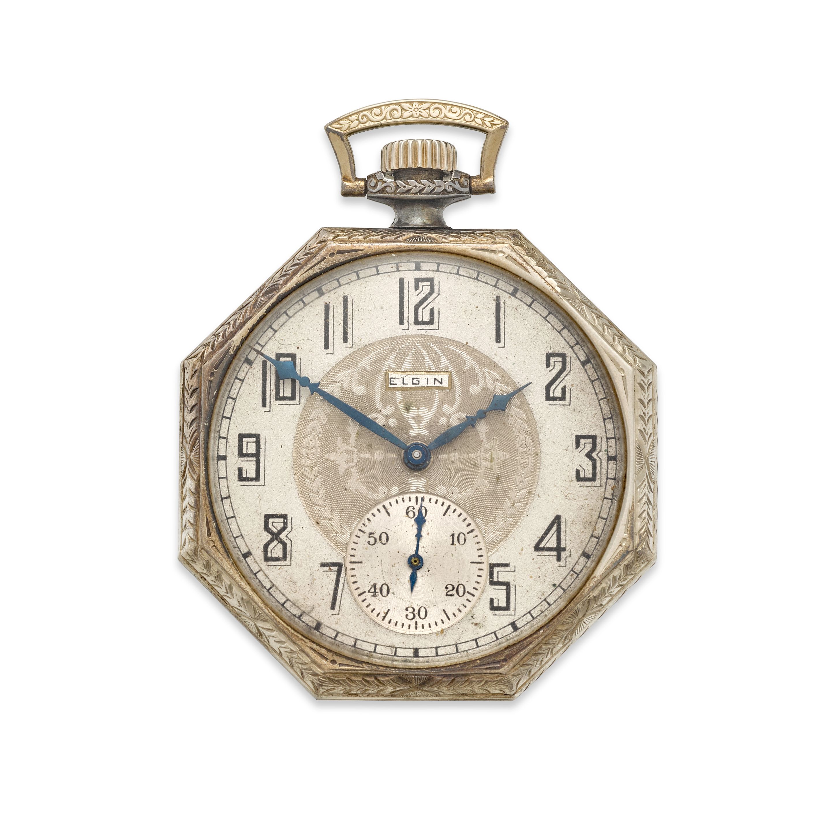 ELGIN. A 14K WHITE GOLD OPEN FACE WATCH AND CHAIN1924