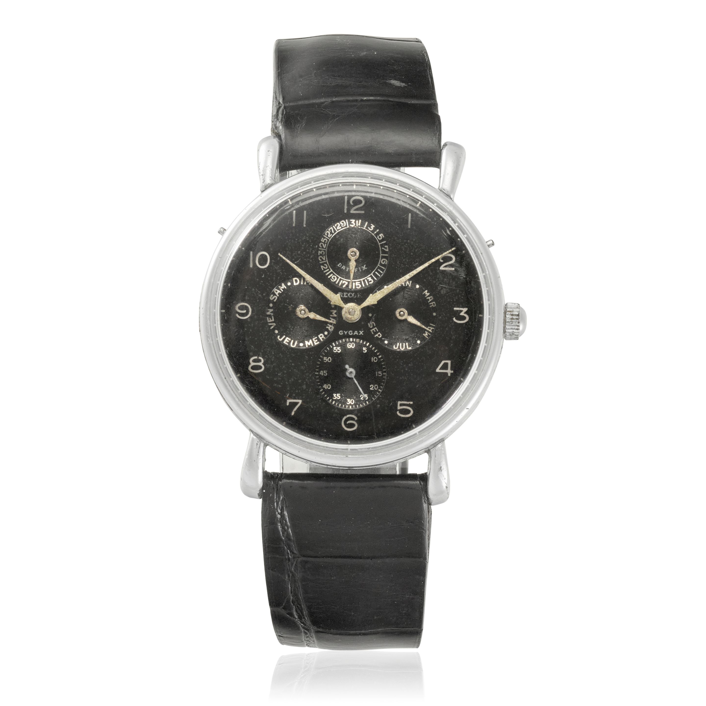 RECORD WATCH COMPANY. A STAINLESS-STEEL MANUAL WIND TRIPLE CALENDAR WRISTWATCH Gygax,