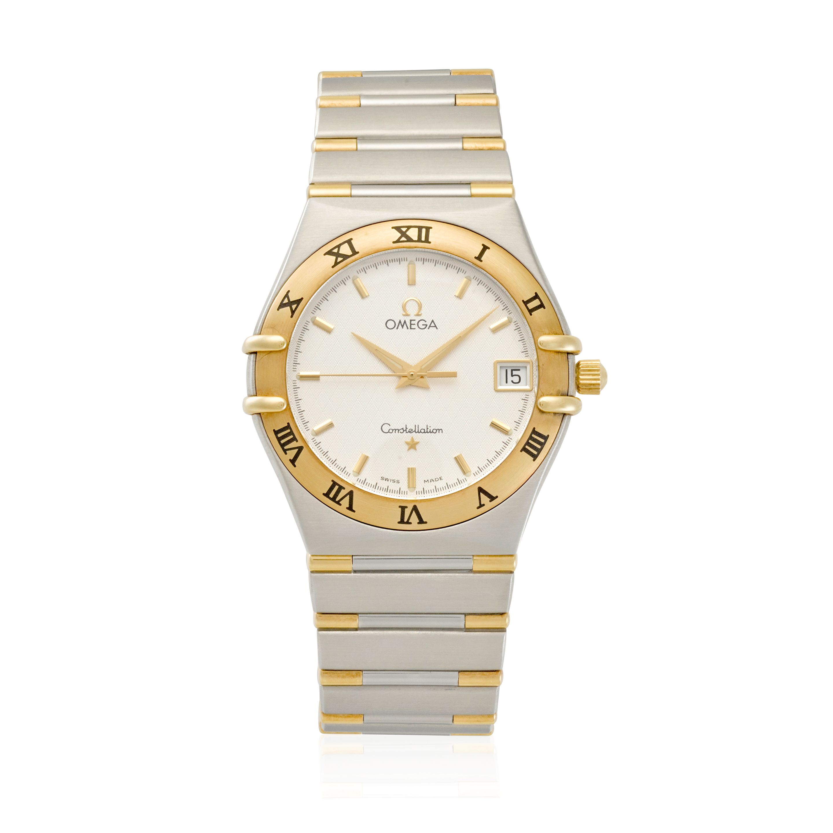 OMEGA. A STAINLESS-STEEL AND GOLD CALENDAR BRACELET WATCH Constellation, c.2000s
