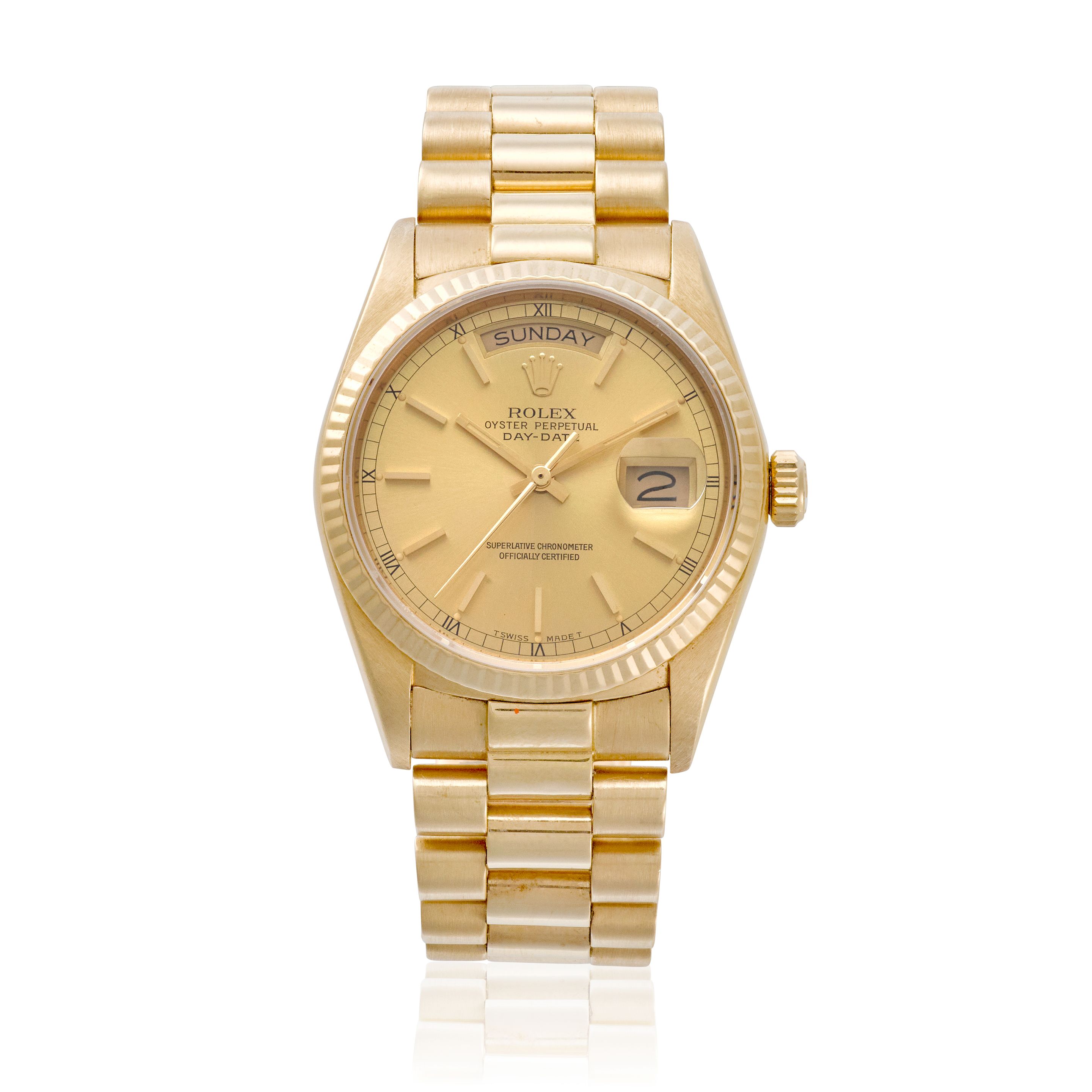 ROLEX. AN 18K GOLD AUTOMATIC CALENDAR BRACELET 'PRESIDENT' WATCH Day-Date, Ref: 18038, c.1985