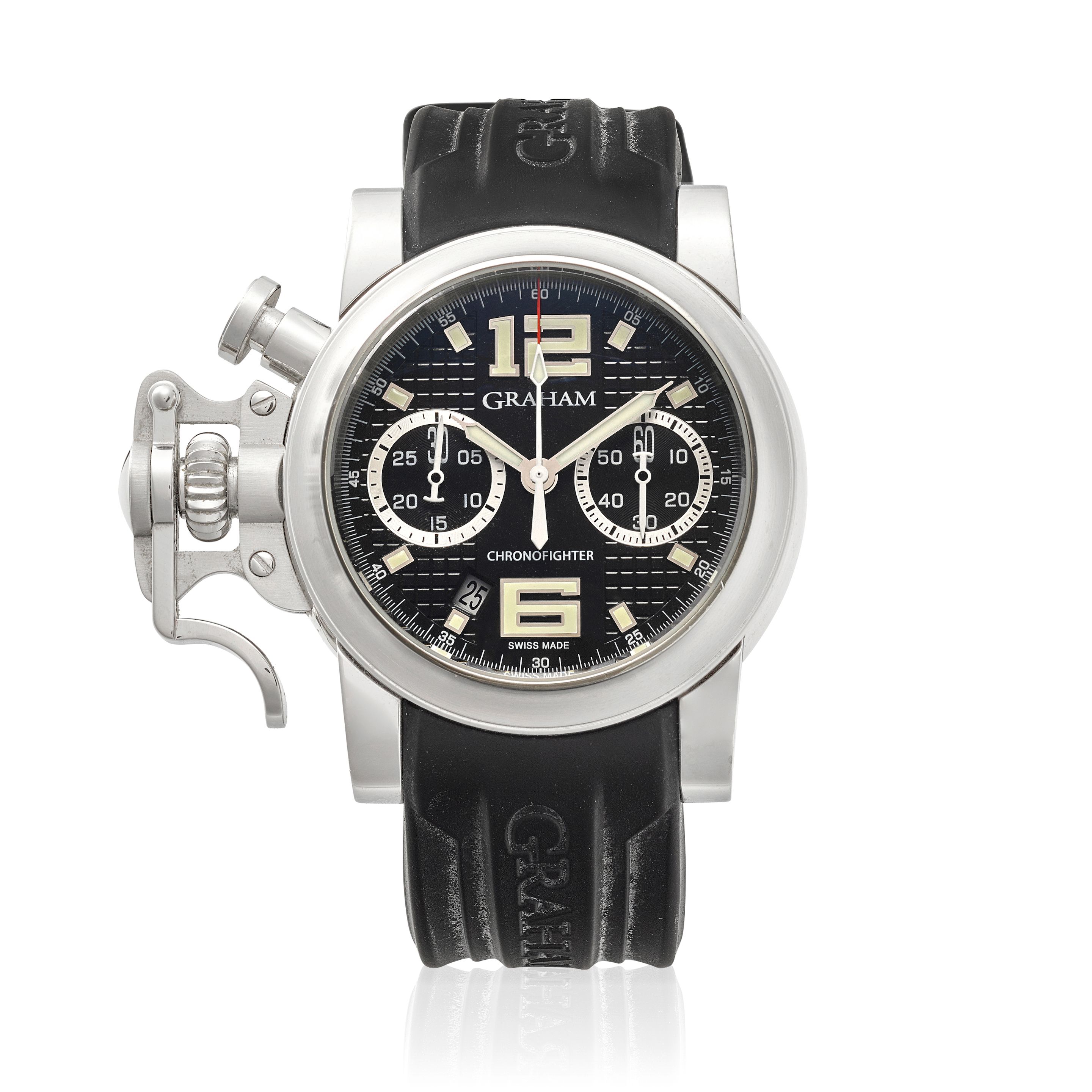 GRAHAM. A STAINLESS STEEL LEFT-HANDED CHRONOGRAPH CALENDAR WRISTWATCH Chronofighter, Ref: 2CRBS, Purchased 8th March, 2007