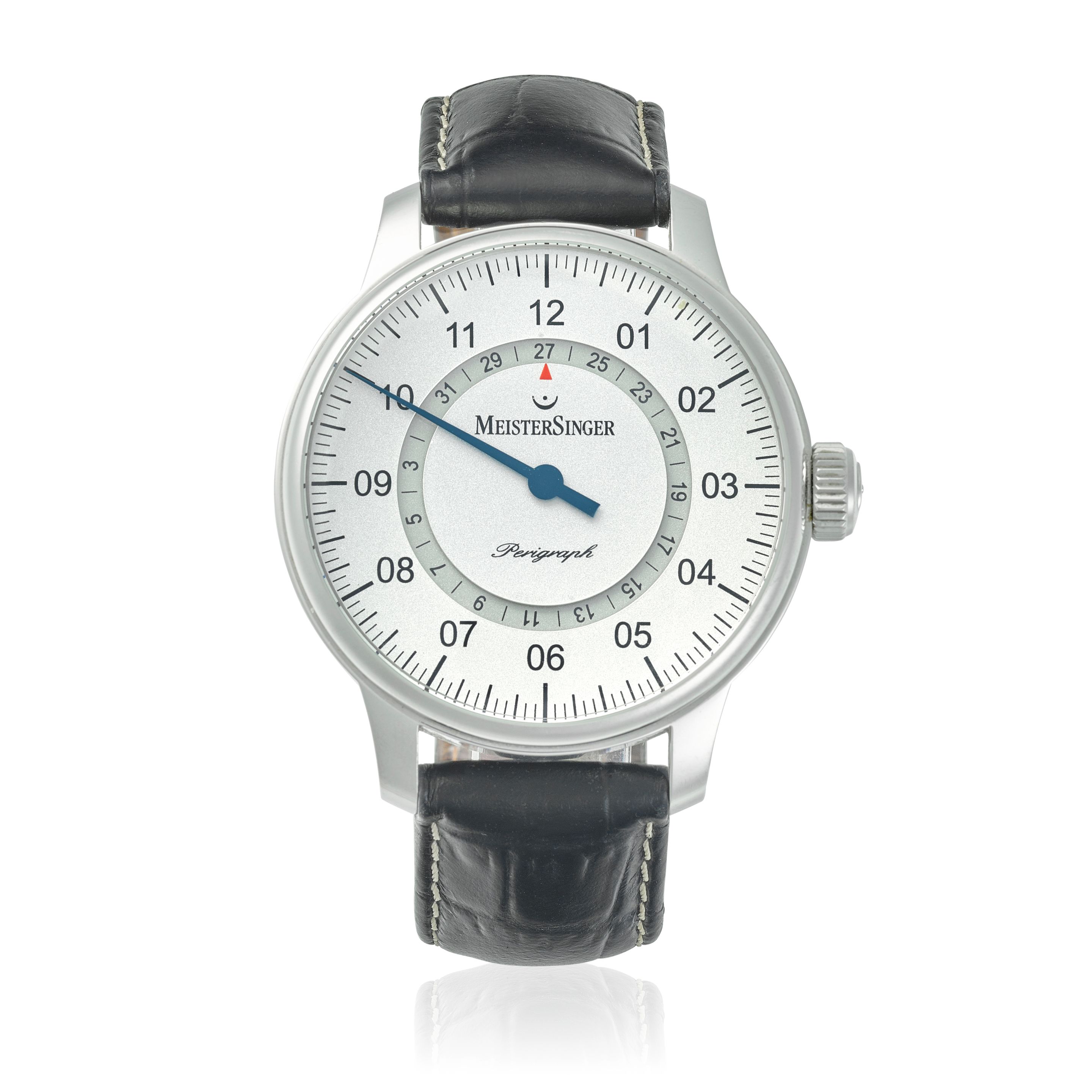 MEISTERSINGER. AN UNUSUAL STAINLESS-STEEL AUTOMATIC ONE-HANDED CALENDAR WRISTWATCH Perigraph, Ref: AM1001, Purchased 4th February, 2011