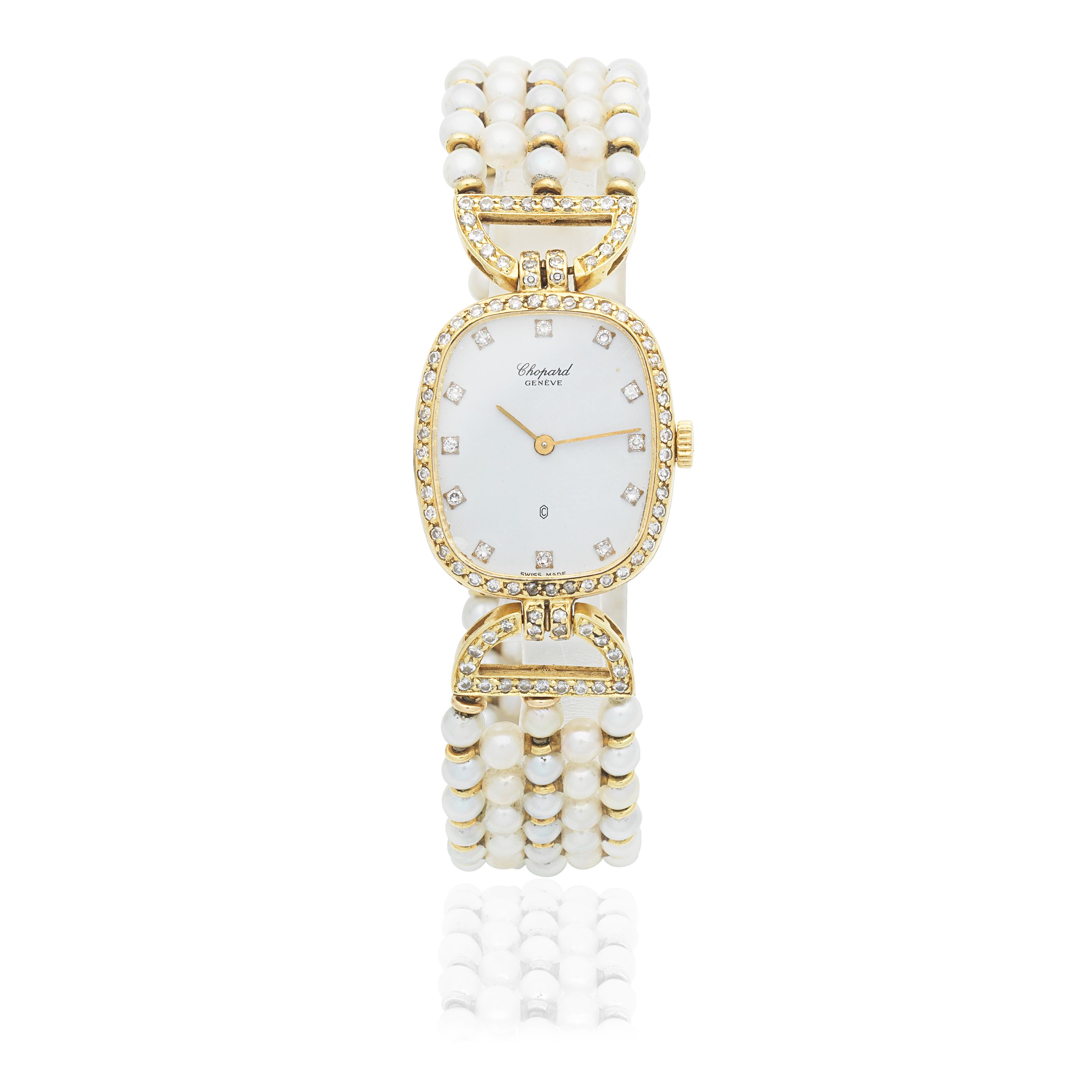 Chopard. A lady's 18K gold and diamond set quartz watch with pearl set bracelet Ref: 5147, Circa 1990