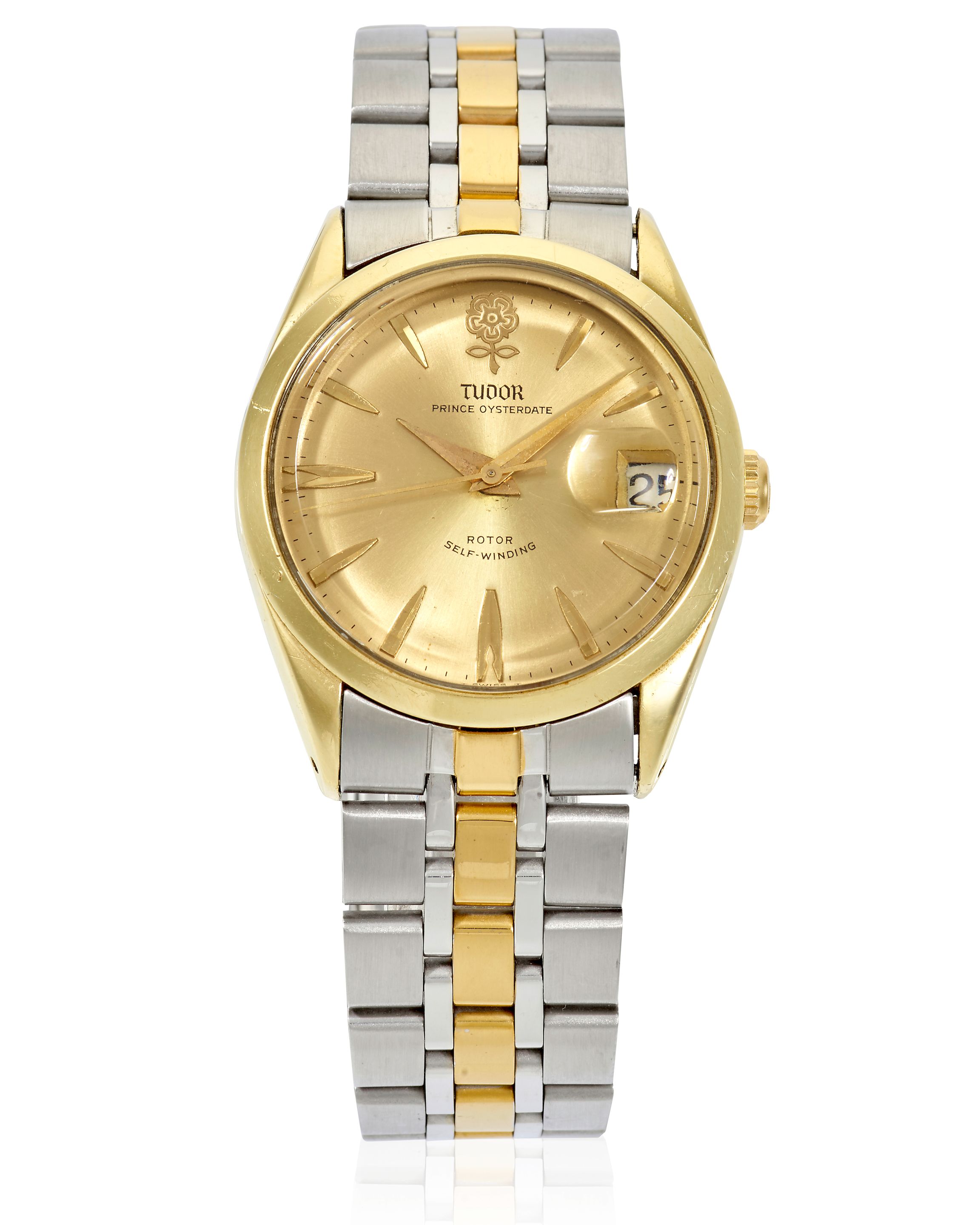 TUDOR. A 14K GOLD AND STAINLESS STEEEL AUTOMATIC CALENDAR BRACELET WATCH Prince Oysterdate, Ref: 7964, c. 1960s