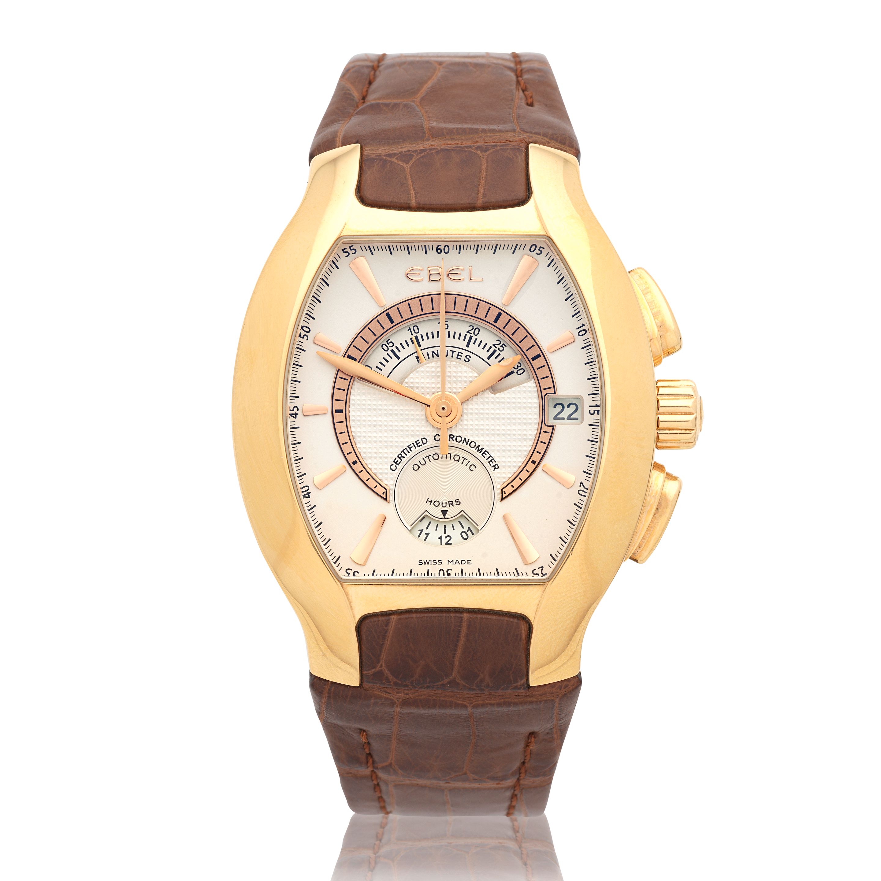 Ebel. An 18K gold calendar chronograph wristwatch along with pen and cufflinks gifted by the King of Bahrain Ebelissimo, Ref: 5139G41, Circa 2010
