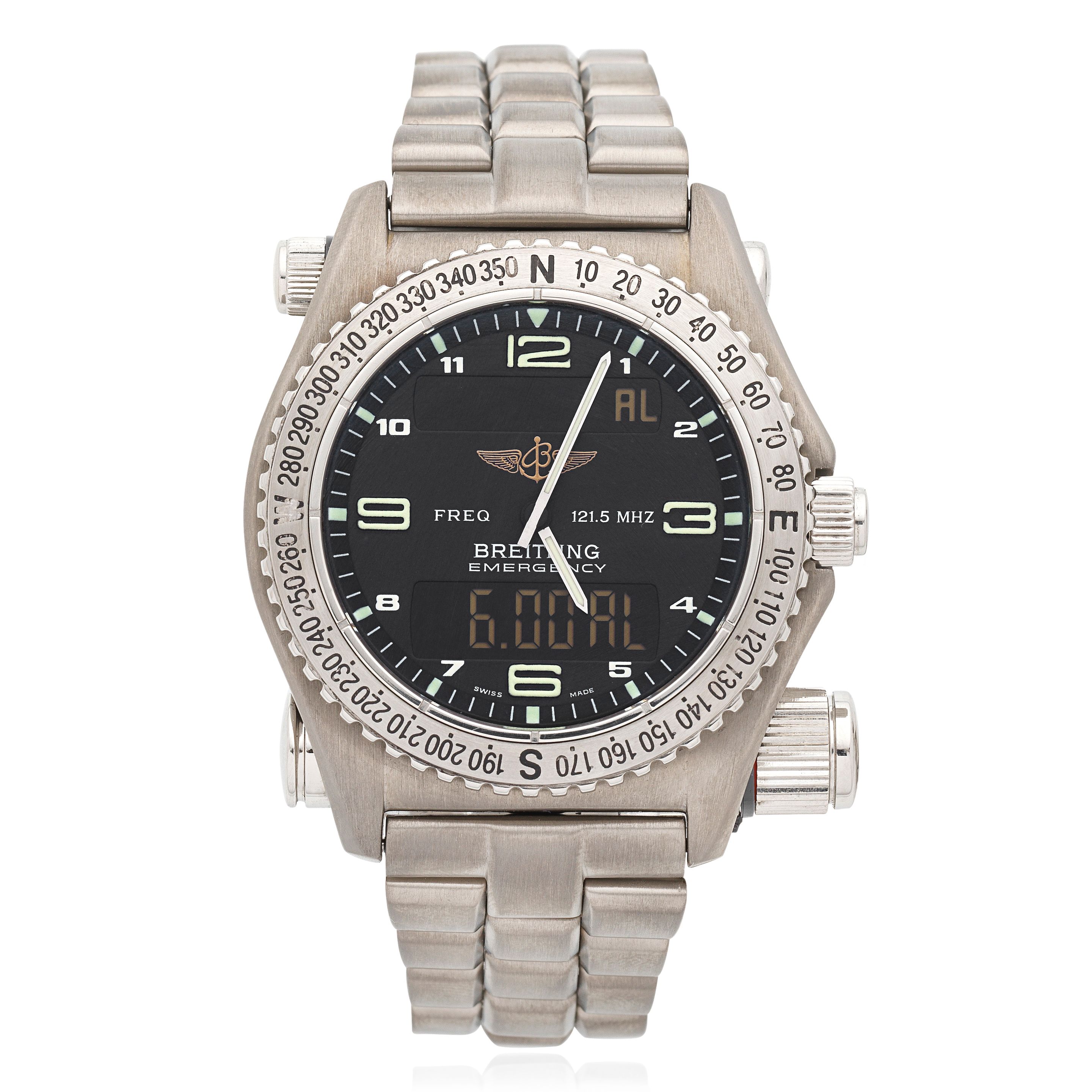Breitling. A titanium quartz bracelet watch with micro antennae for aviation emergency frequency 121.5MHz Emergency, Ref: E56121.1, Purchased 4th January 1998