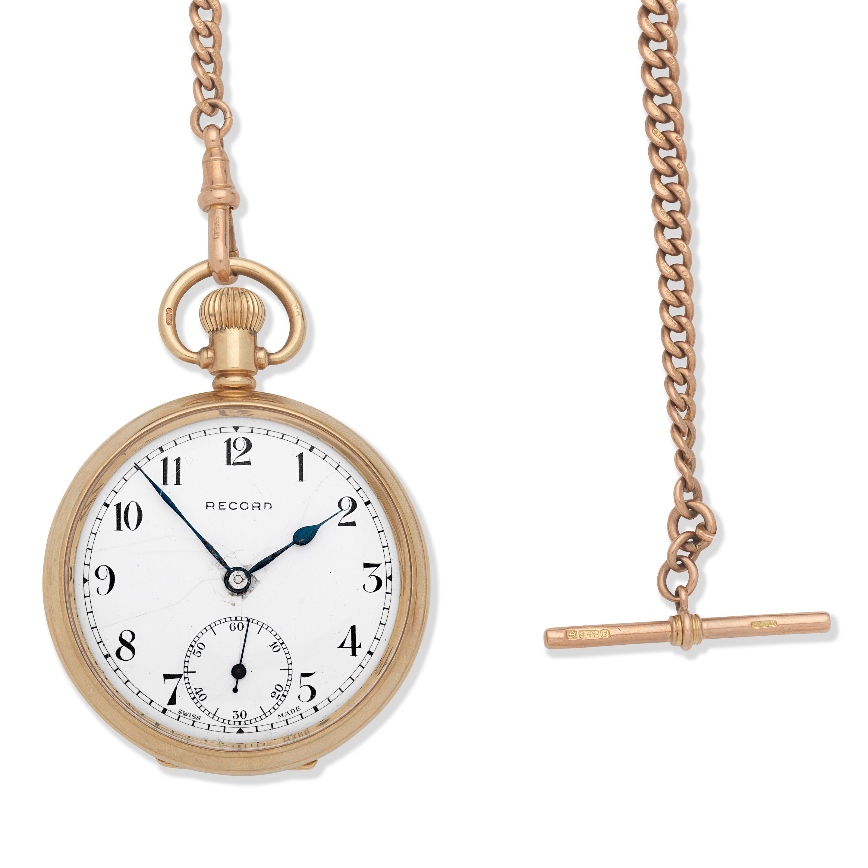 Record. A 9K gold keyless wind open face pocket watch with 9K gold chain Birmingham Hallmark for 1960