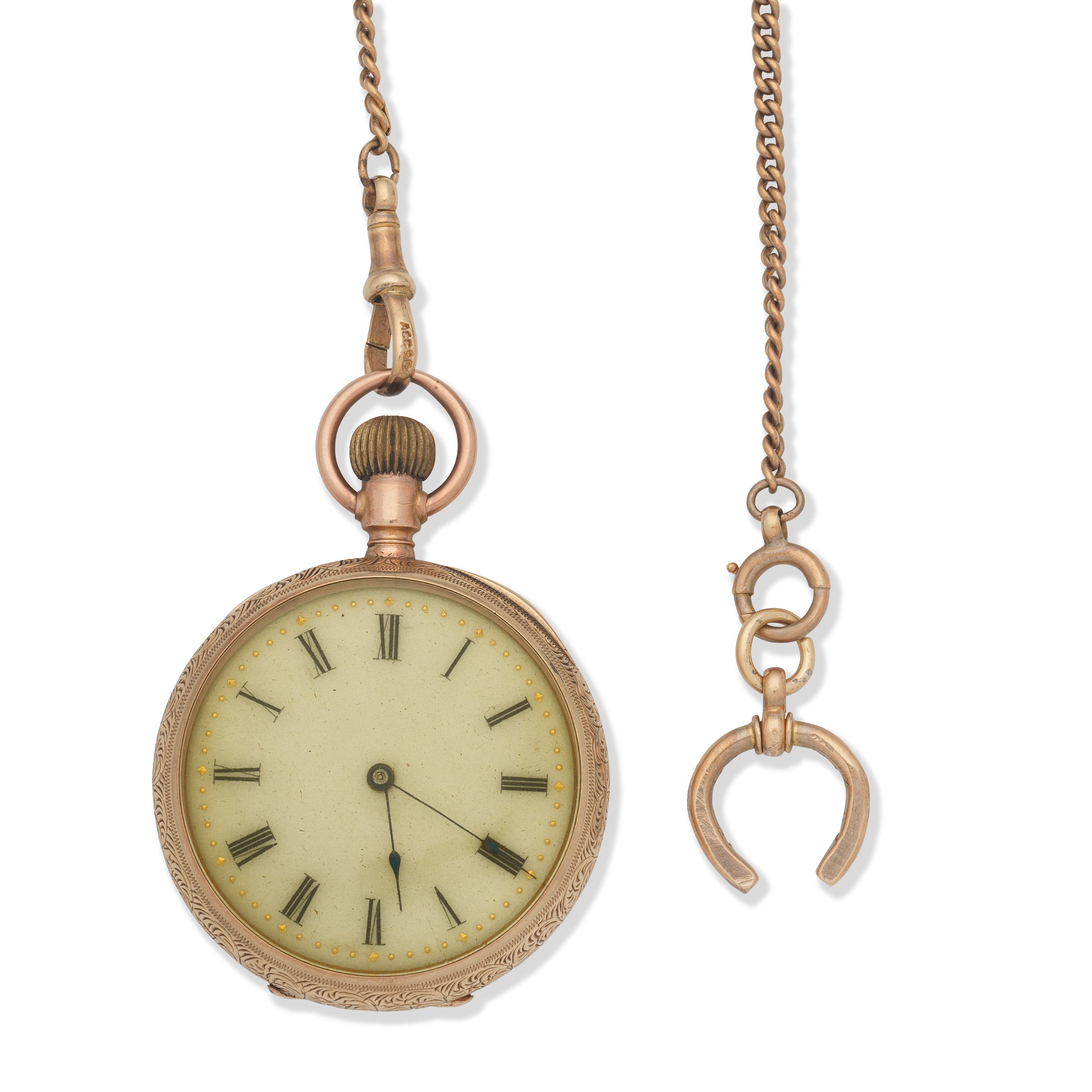 Waltham. A 10K gold keyless wind open face pocket watch with 9K gold chain Circa 1900