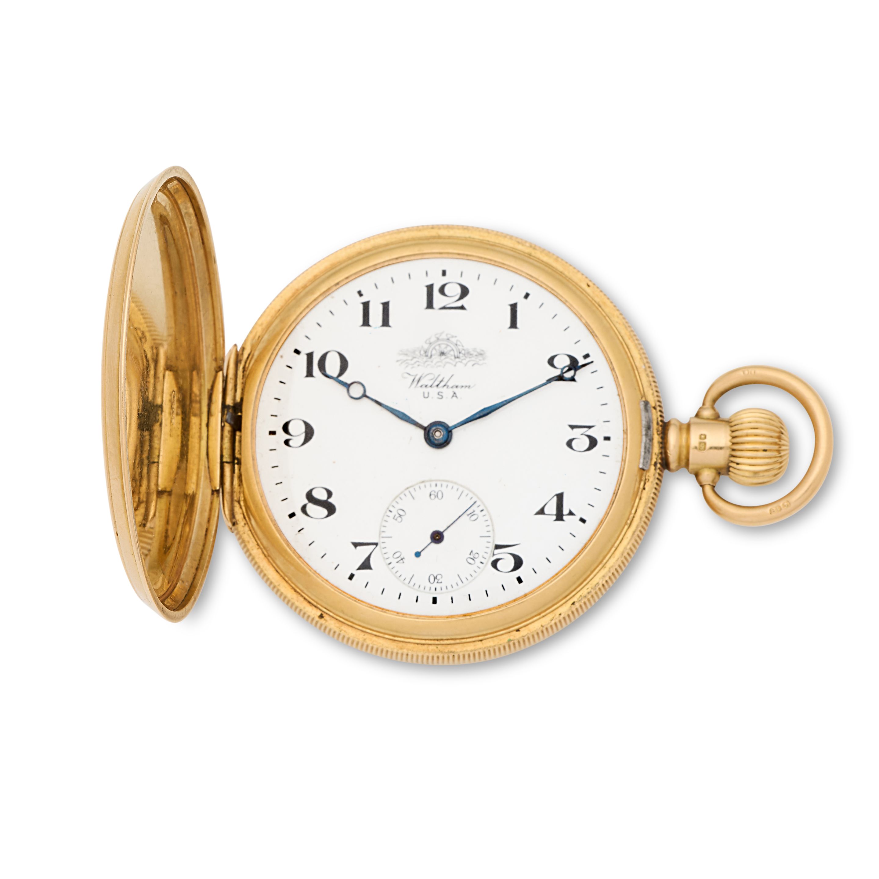 Waltham. An 18K gold keyless wind full hunter pocket watch Birmingham Hallmark for 1919